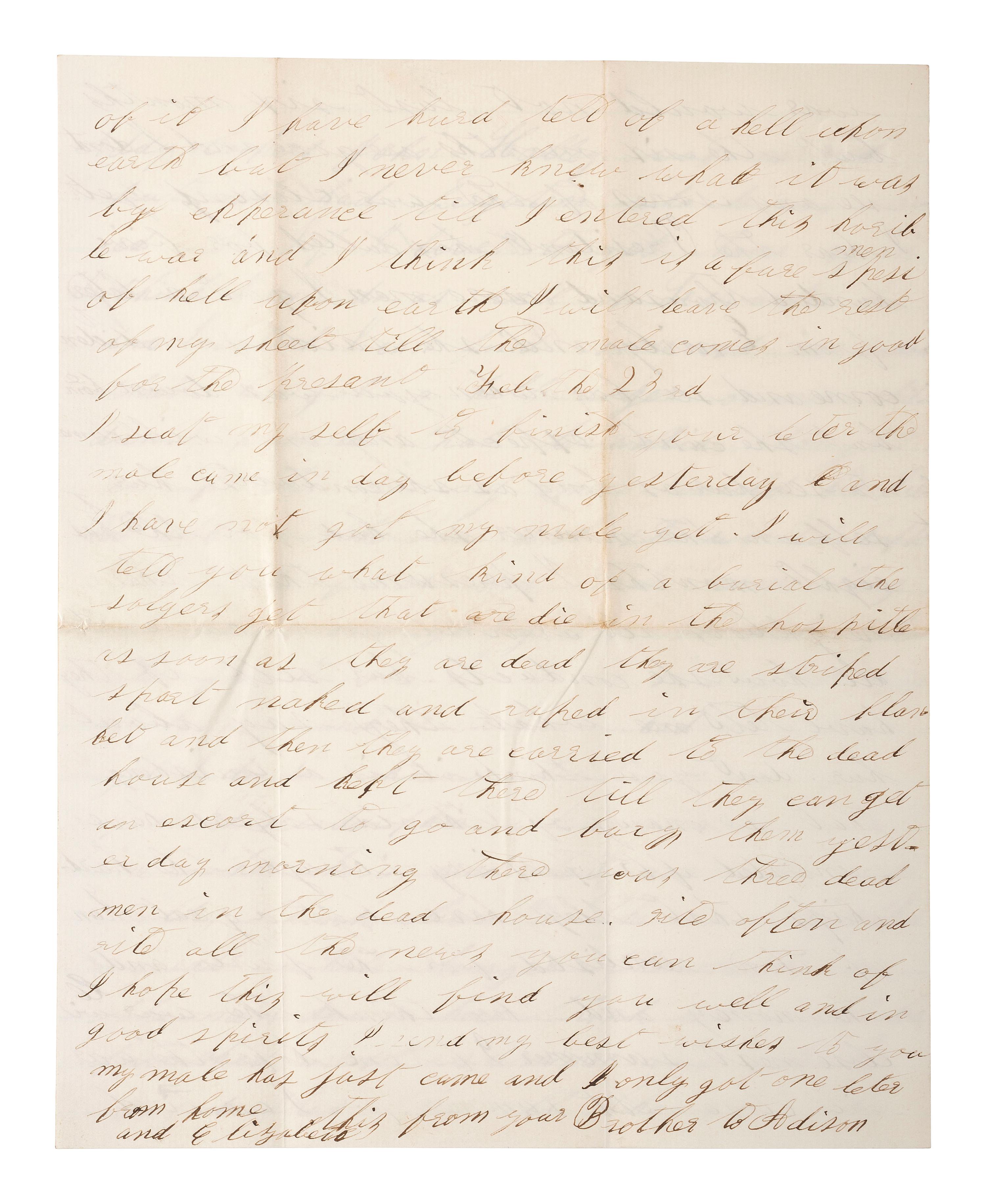 [CIVIL WAR]. Soldier's letter featuring graphic descriptions of dying soldiers from the US General Hospital in Hilton Head, SC. 19-23 February 1864.
