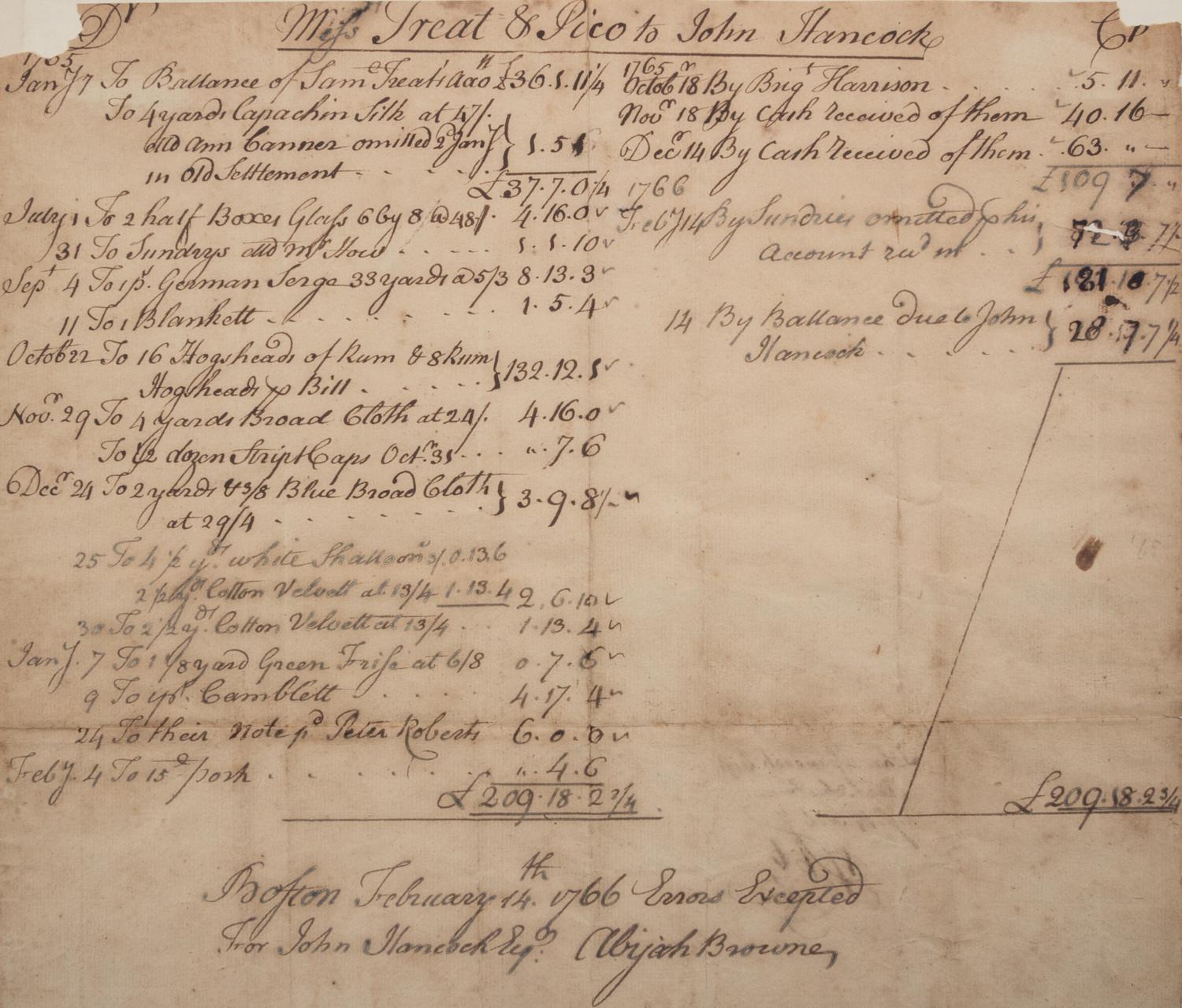 (HANCOCK, JOHN). Manuscript account ledger from Treat & Pico to John Hancock. Dated February 14, 1766. Boston.