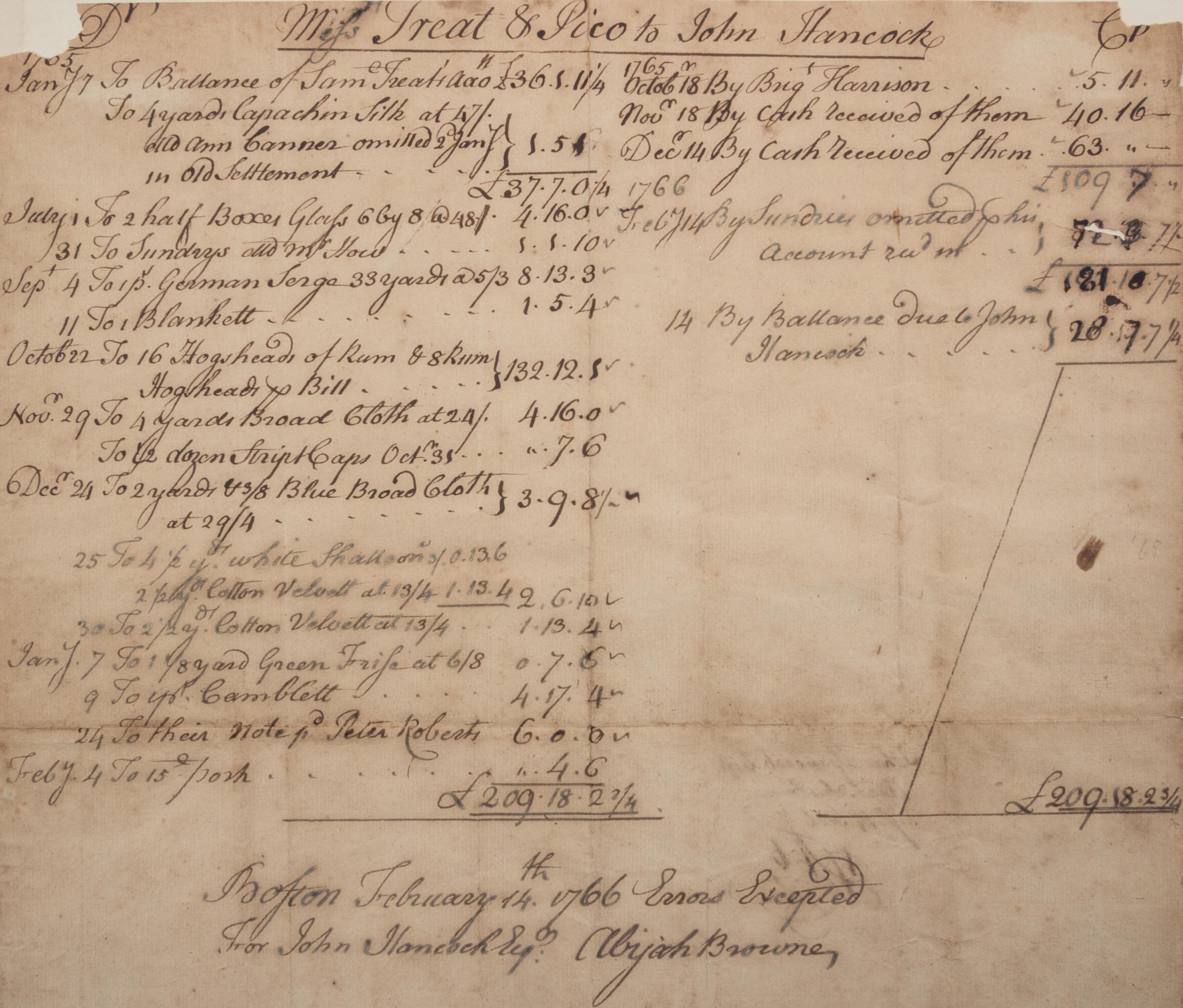 (HANCOCK, JOHN). Manuscript account ledger from Treat & Pico to John Hancock. Dated February 14, 1766. Boston.