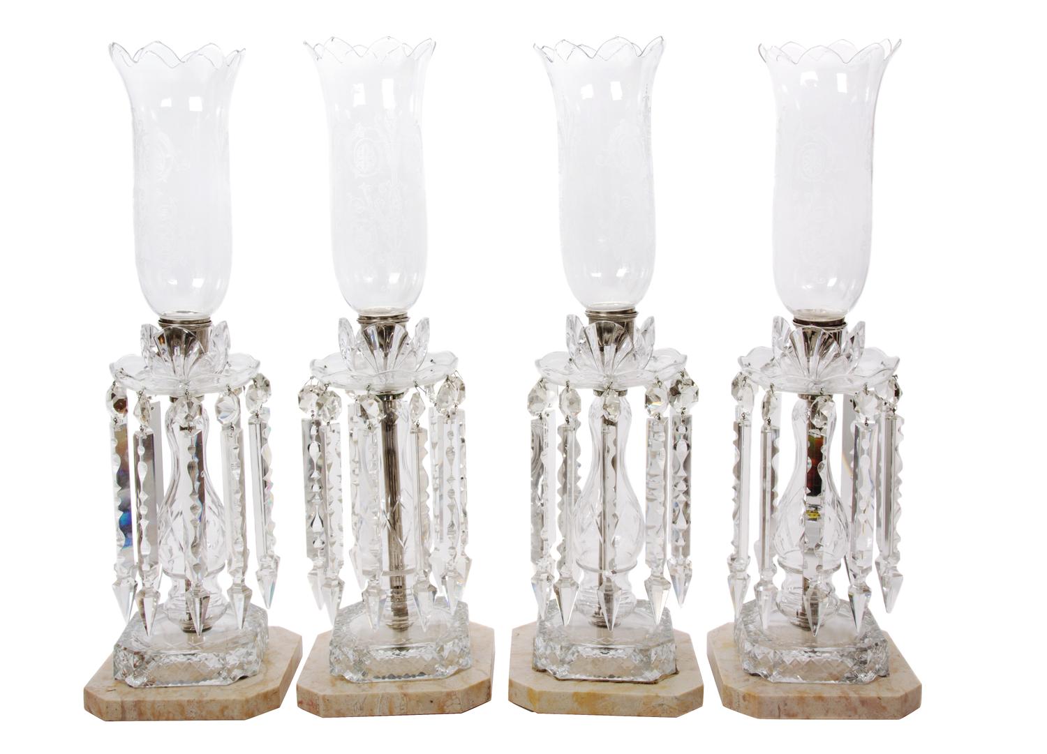 Four Molded Glass and Cut Crystal Single Light Candelabra Height 24 inches. — 19TH CENTURY