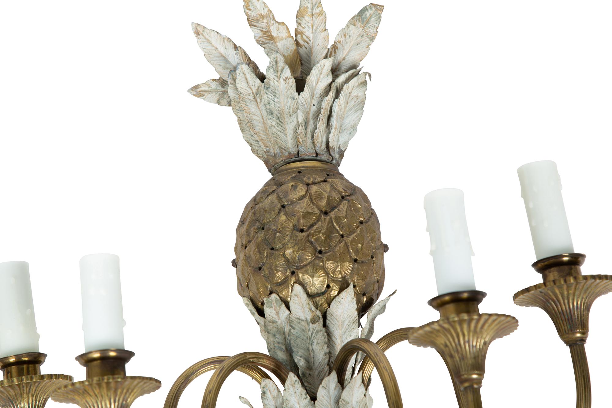 A Pair of Italian Gilt Bronze and Painted Tole Four-Arm Pineapple Sconces — 20TH CENTURY