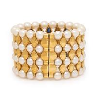 Cultured Pearl, Emerald, Sapphire, and Yellow Gold Cuff Bracelet