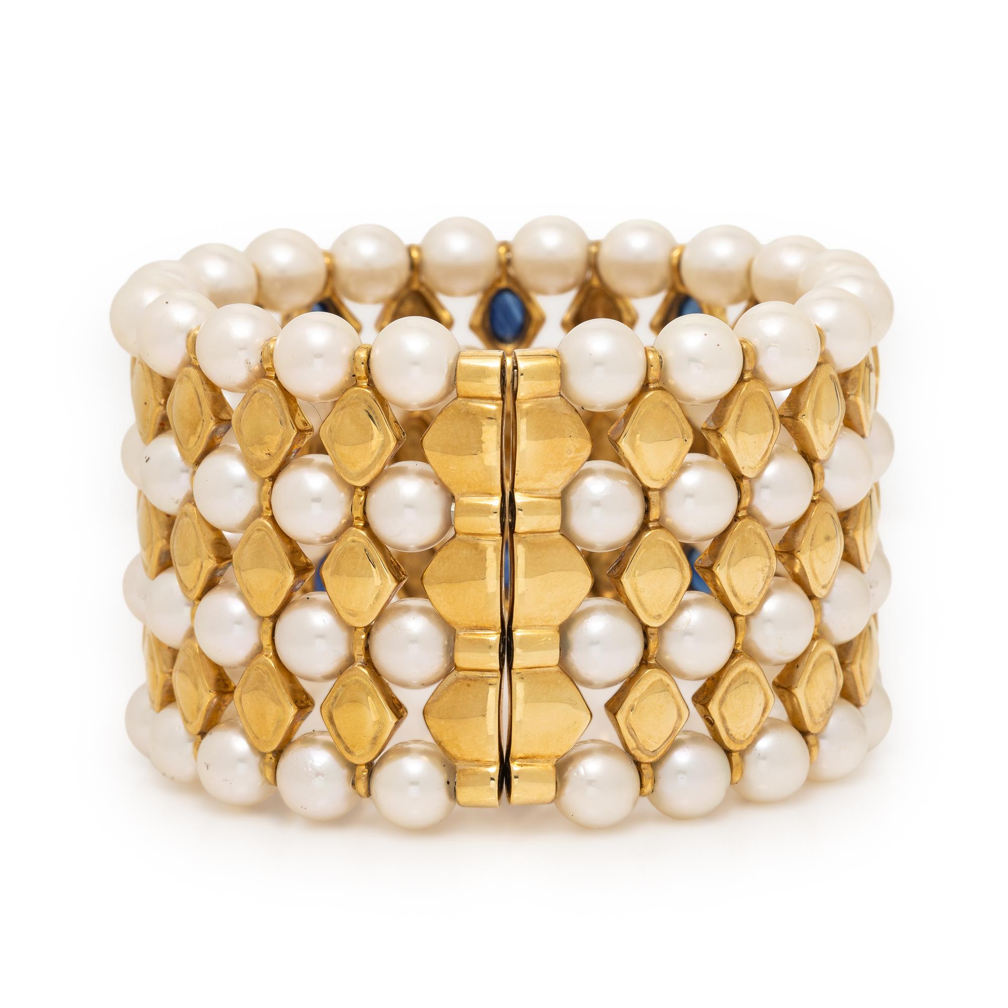 Cultured Pearl, Emerald, Sapphire, and Yellow Gold Cuff Bracelet