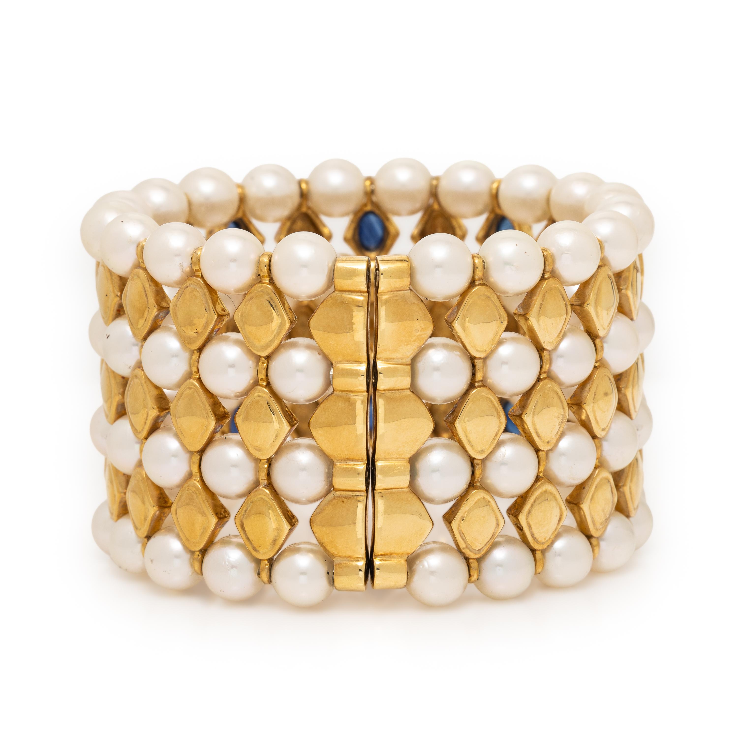 Cultured Pearl, Emerald, Sapphire, and Yellow Gold Cuff Bracelet
