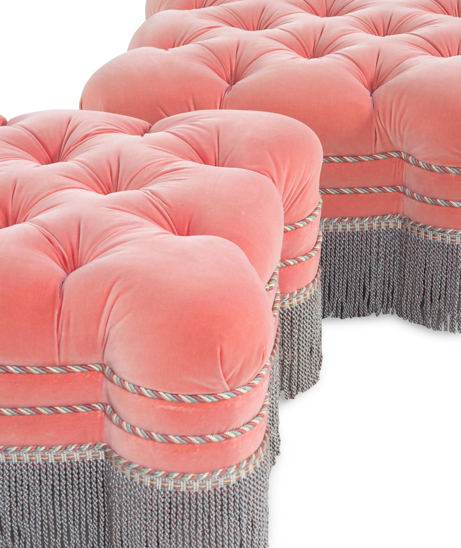 A Pair of Button Tufted Velvet Upholstered Ottomans with Bullion Fringe