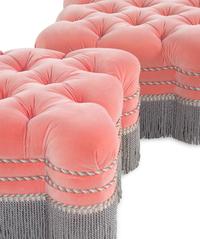 A Pair of Button Tufted Velvet Upholstered Ottomans with Bullion Fringe