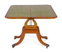A Regency Style Satinwood Inlaid Parcel Gilt Rosewood Lyre-Base Flip Top Game Table — 19TH CENTURY