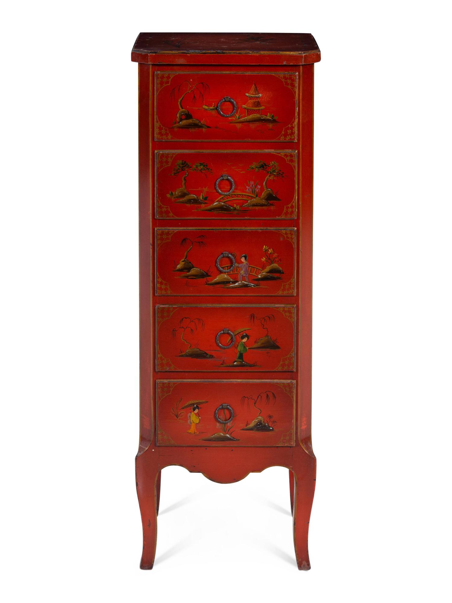 A Chinoiserie Decorated Lacquered Tall Chest