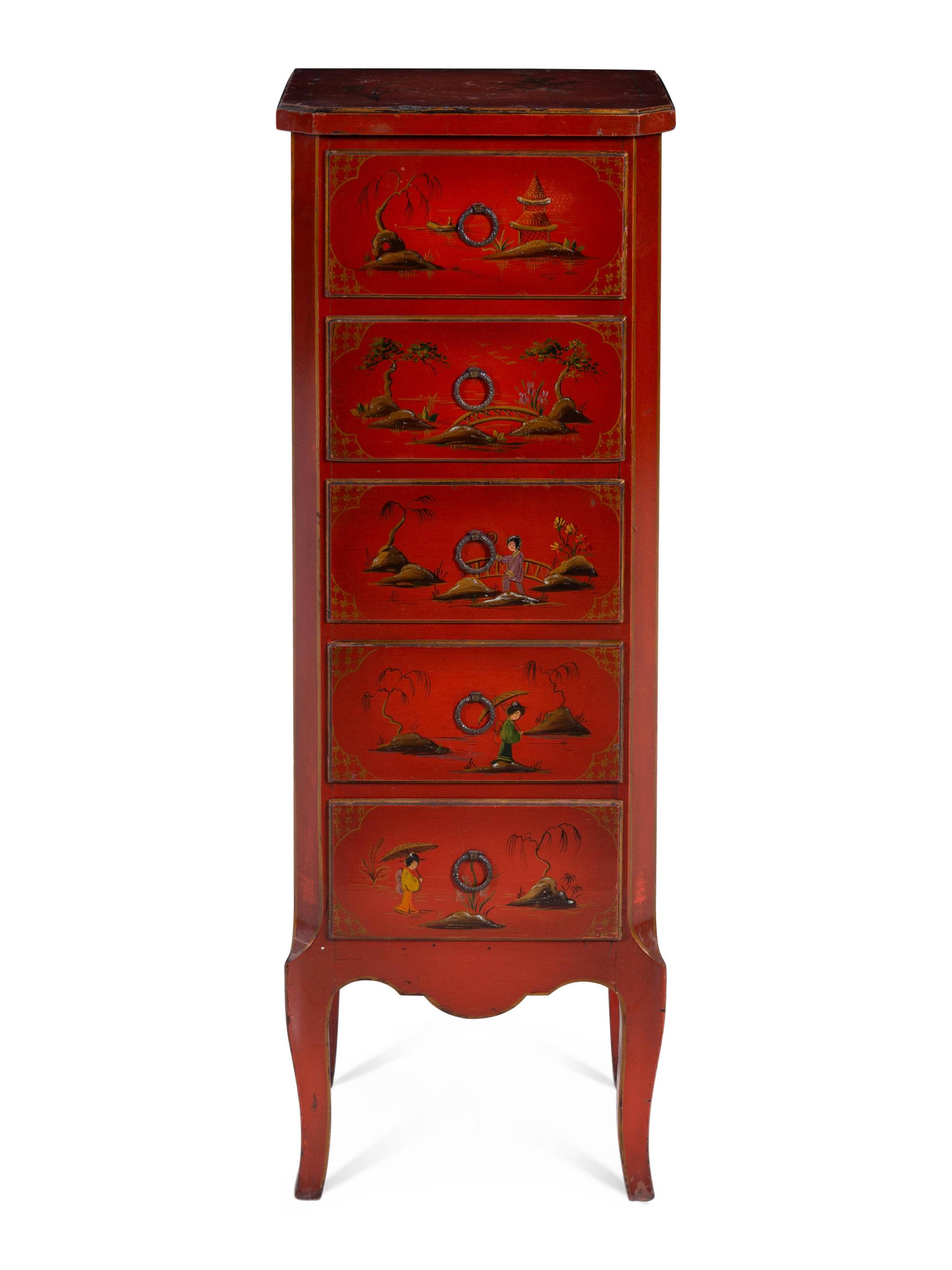 A Chinoiserie Decorated Lacquered Tall Chest