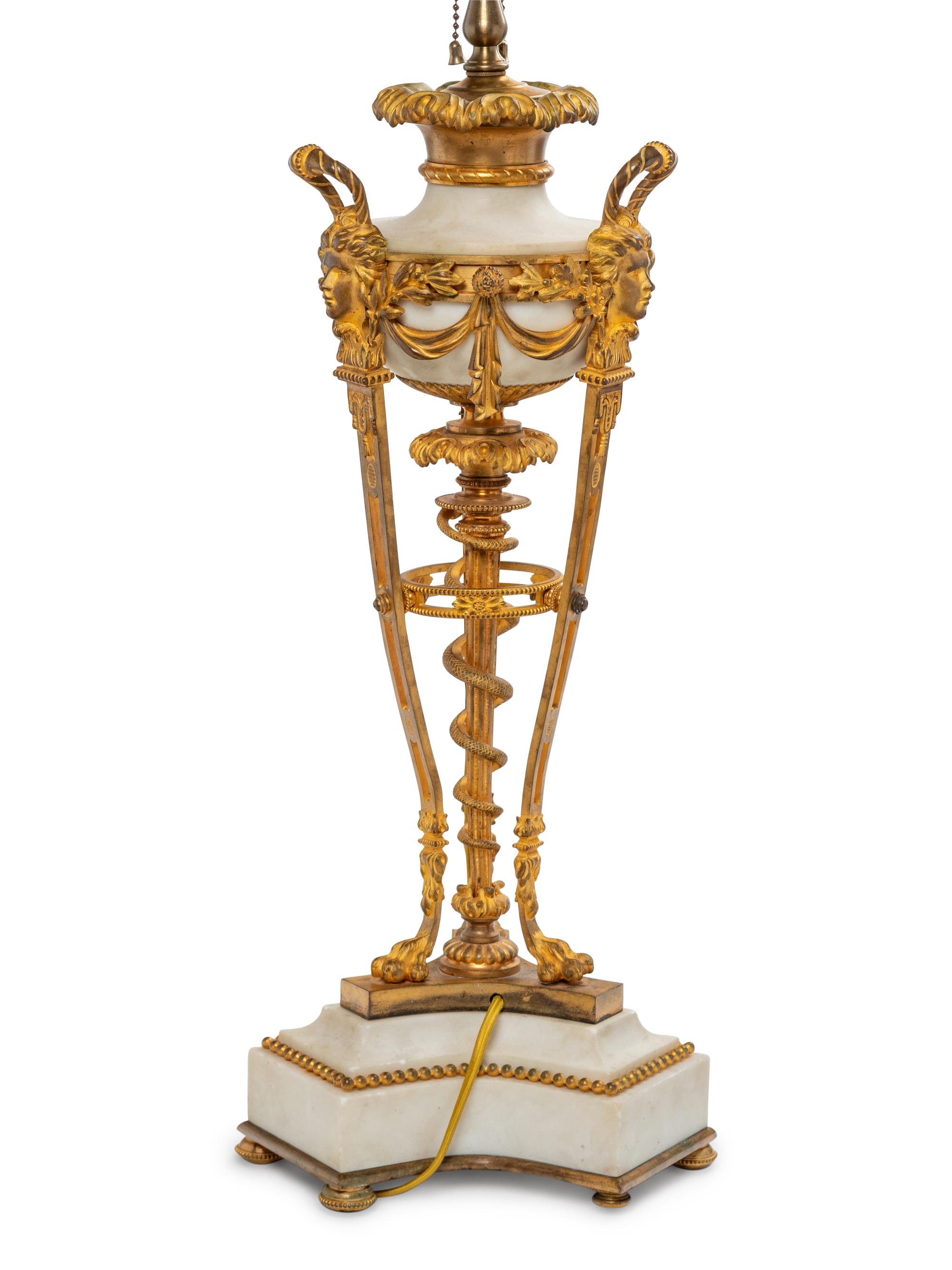 A Neoclassical Gilt Bronze and White Marble Cassolette Mounted as a Lamp