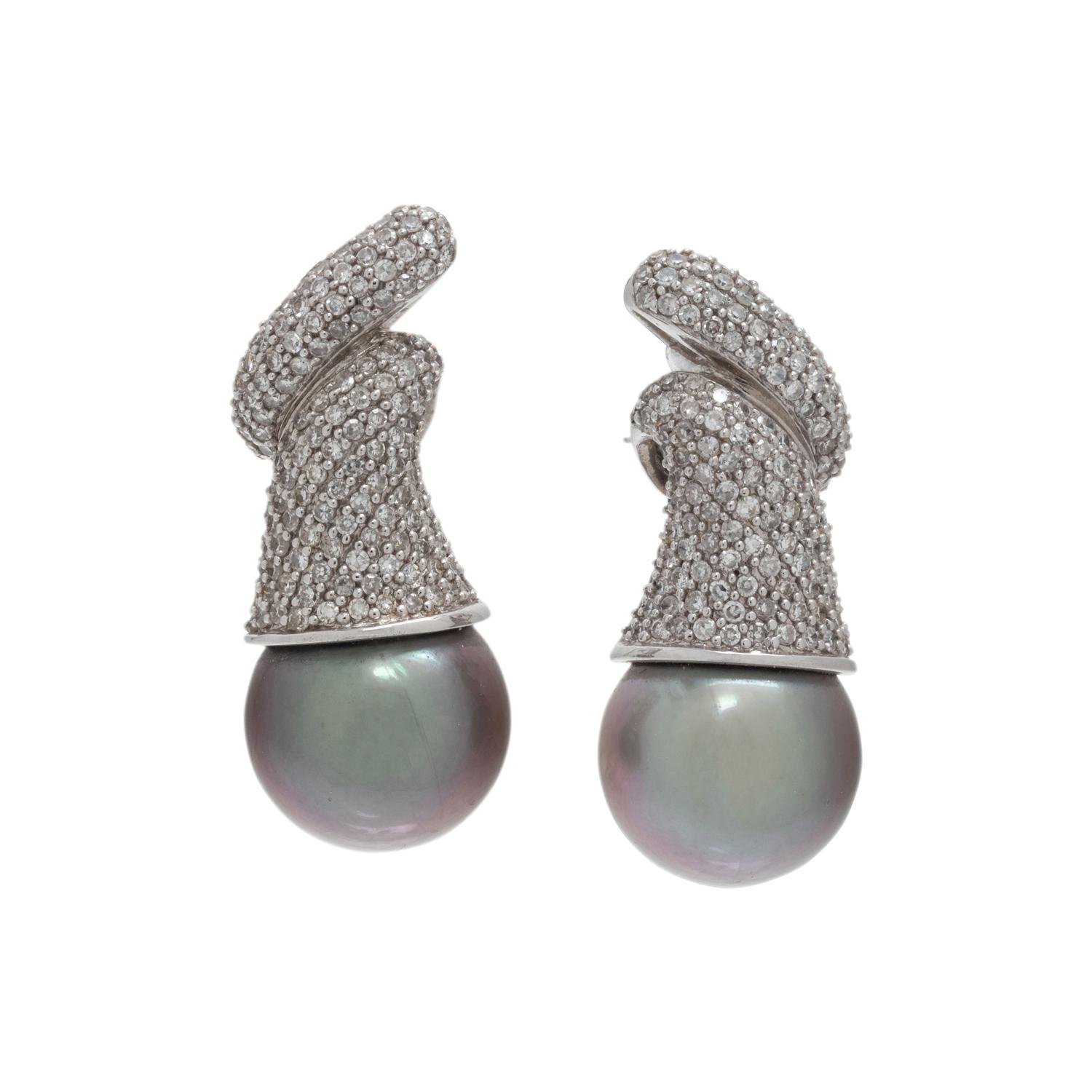 CULTURED TAHITIAN PEARL AND DIAMOND EARCLIPS