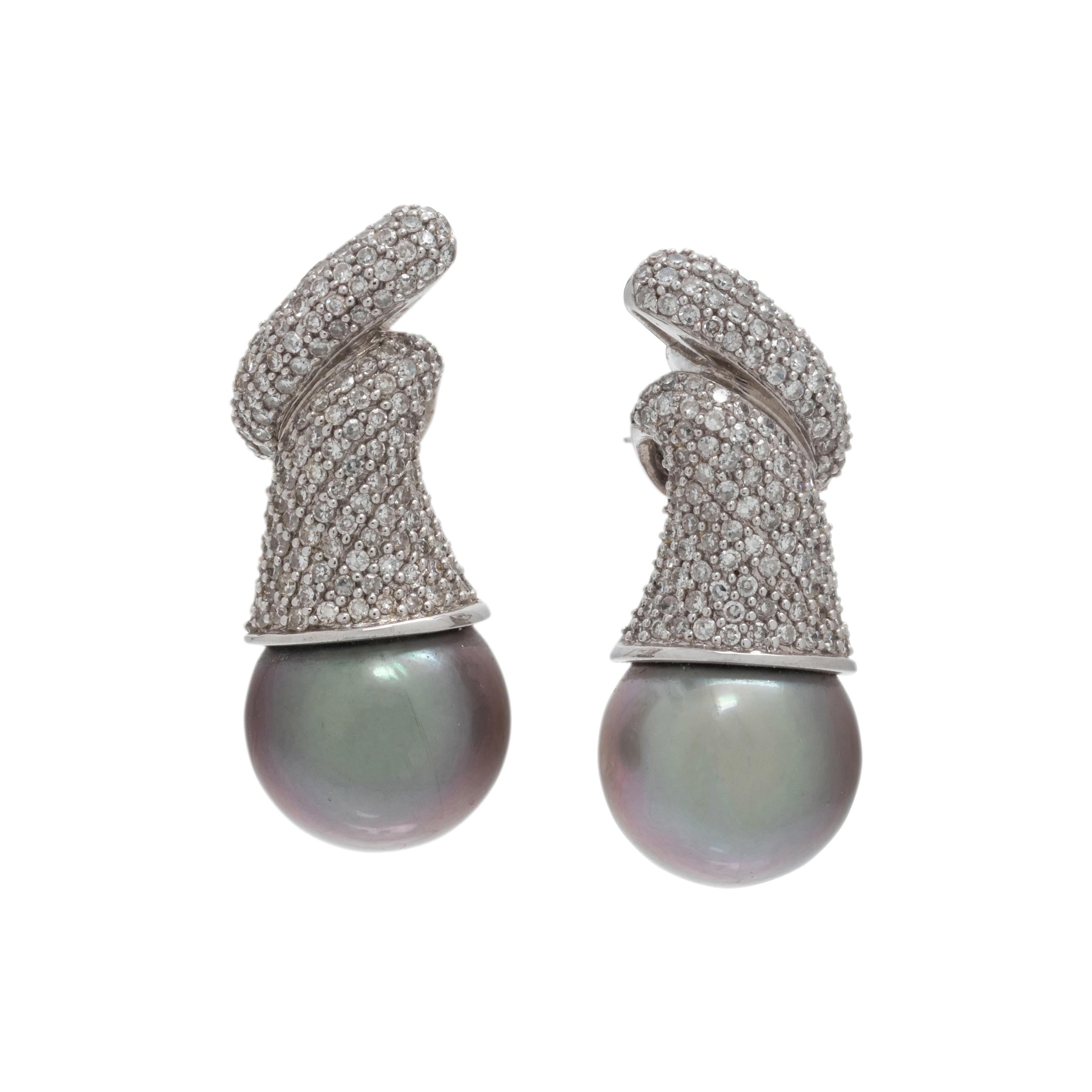 CULTURED TAHITIAN PEARL AND DIAMOND EARCLIPS