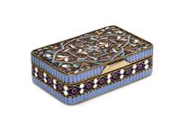 A Russian Enameled Gilt-Silver Box, possibly Kurliukov, Moscow, late 19th century, of rectangular form with stylized floral decoration.
