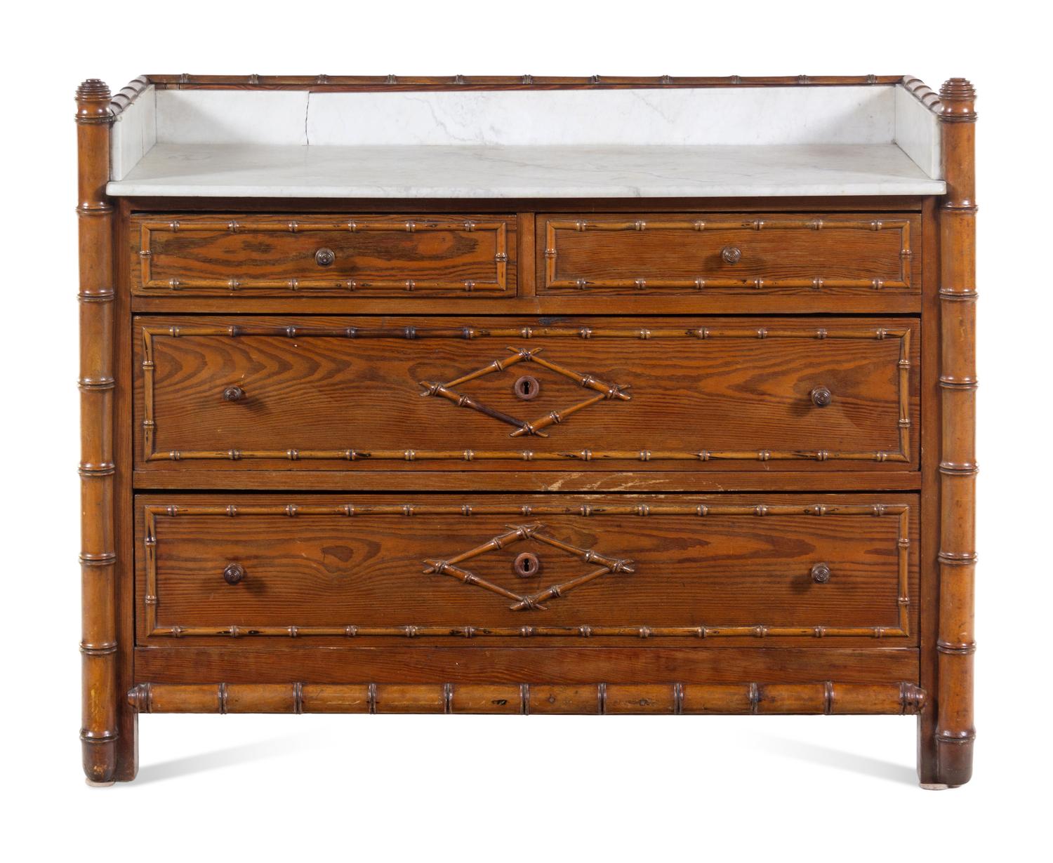 A Victorian Bamboo-Carved Pine Marble-Top Chest of Drawers