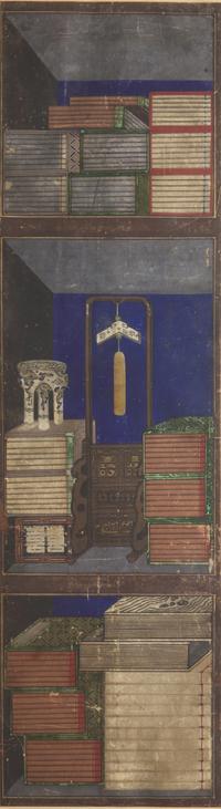 Attributed to Lee Taek-Gyun (Korean, 1808-after 1883), A Set of Three Books and Scholars’ Accoutrements (Chaekgeori) Paintings, Joseon Dynasty, 19th Century — 李宅均（款，朝鮮王朝，1808-1883以后）《冊架圖》三幅