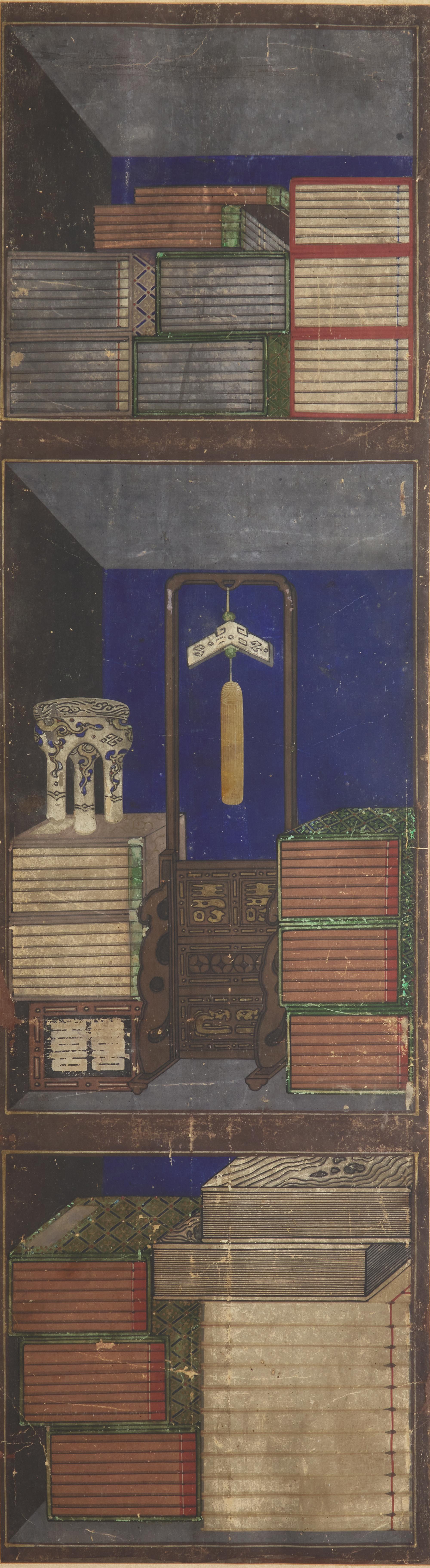Attributed to Lee Taek-Gyun (Korean, 1808-after 1883), A Set of Three Books and Scholars’ Accoutrements (Chaekgeori) Paintings, Joseon Dynasty, 19th Century — 李宅均（款，朝鮮王朝，1808-1883以后）《冊架圖》三幅