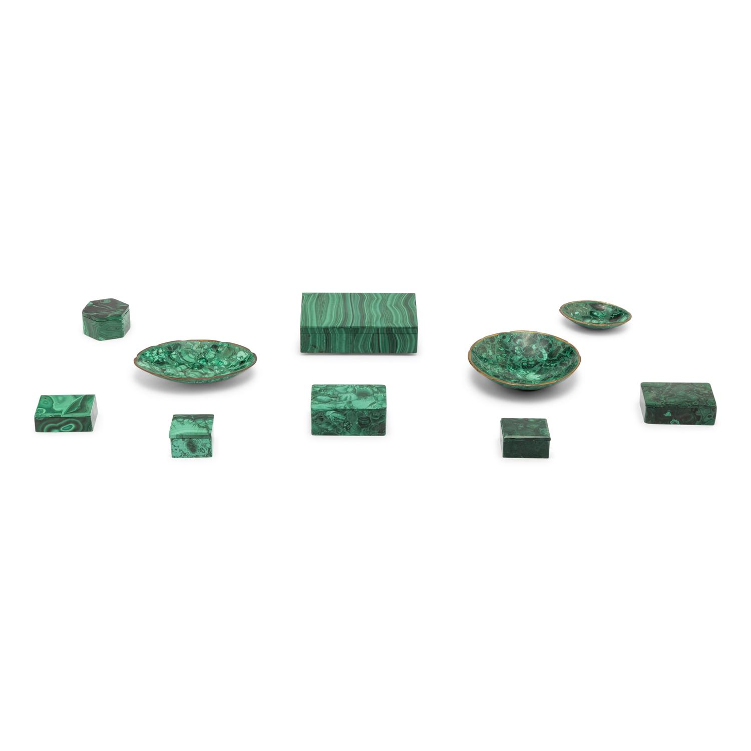 A Group of Ten Malachite Veneered Table Articles