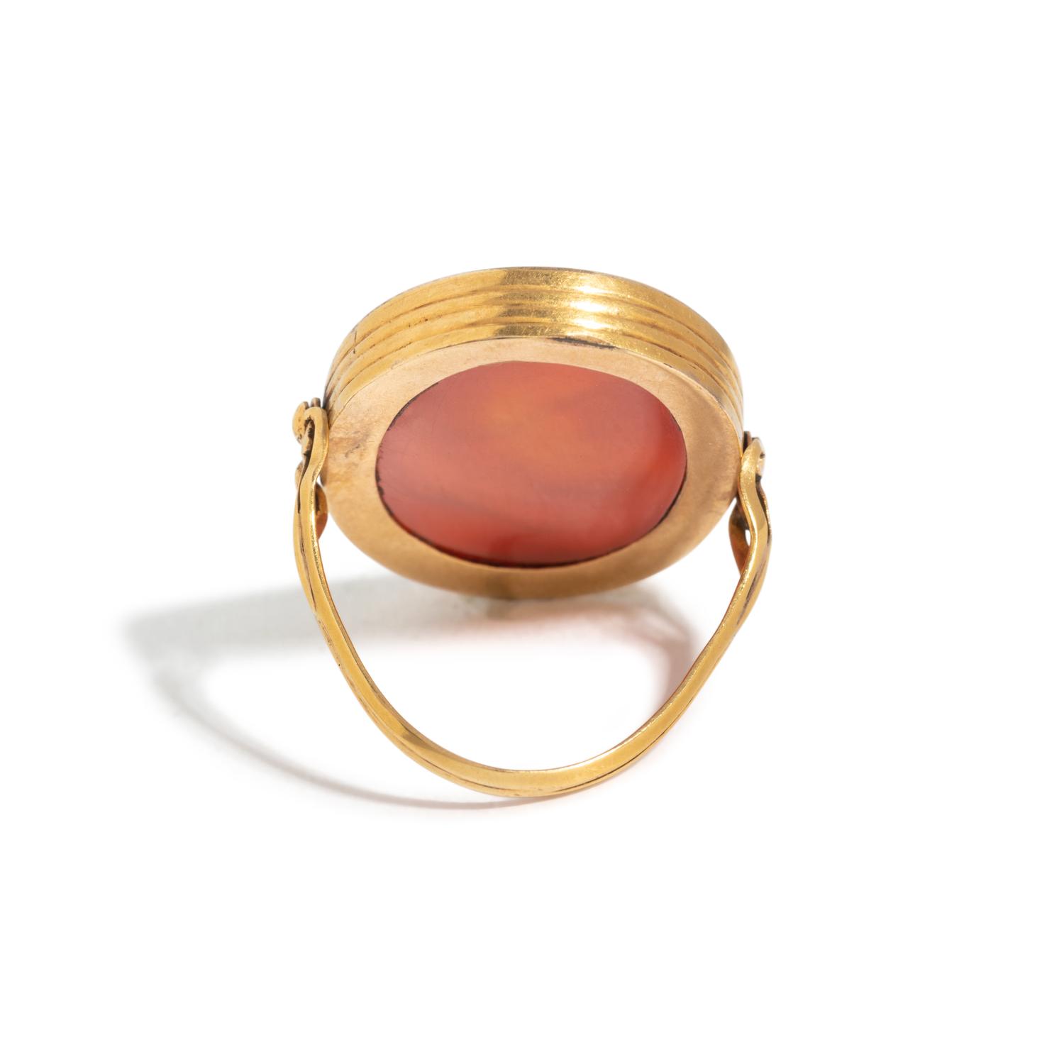 A Neoclassical Gold and Carnelian Finger Ring with a Male Portrait Head of Timaeus of Locris