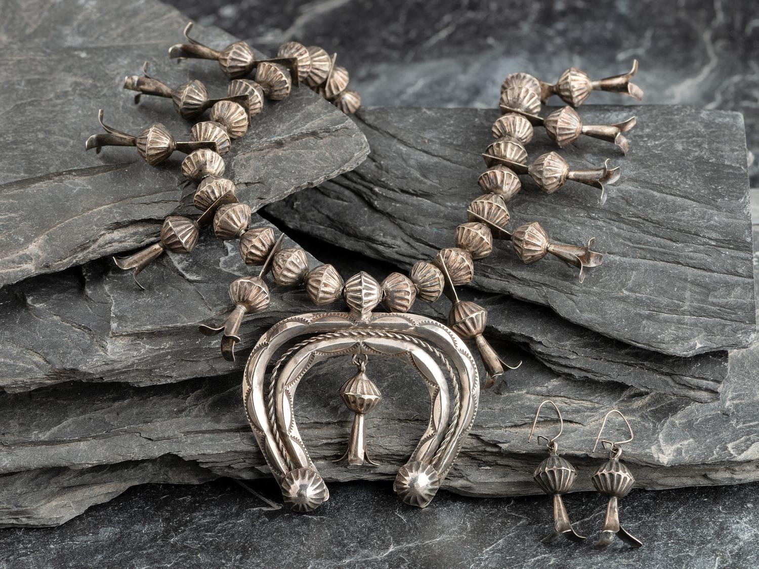 Navajo Silver Squash Blossom Necklace and Hook Earring Set