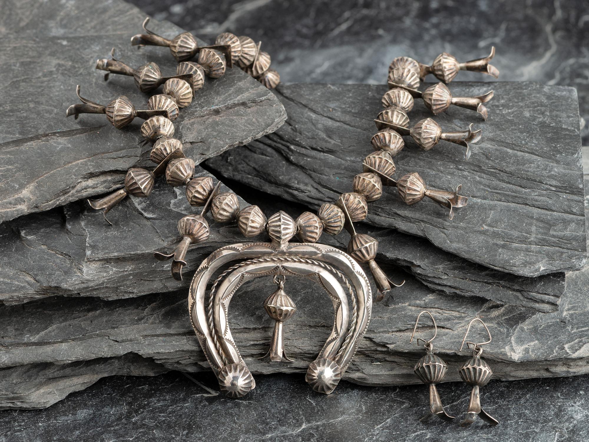 Navajo Silver Squash Blossom Necklace and Hook Earring Set