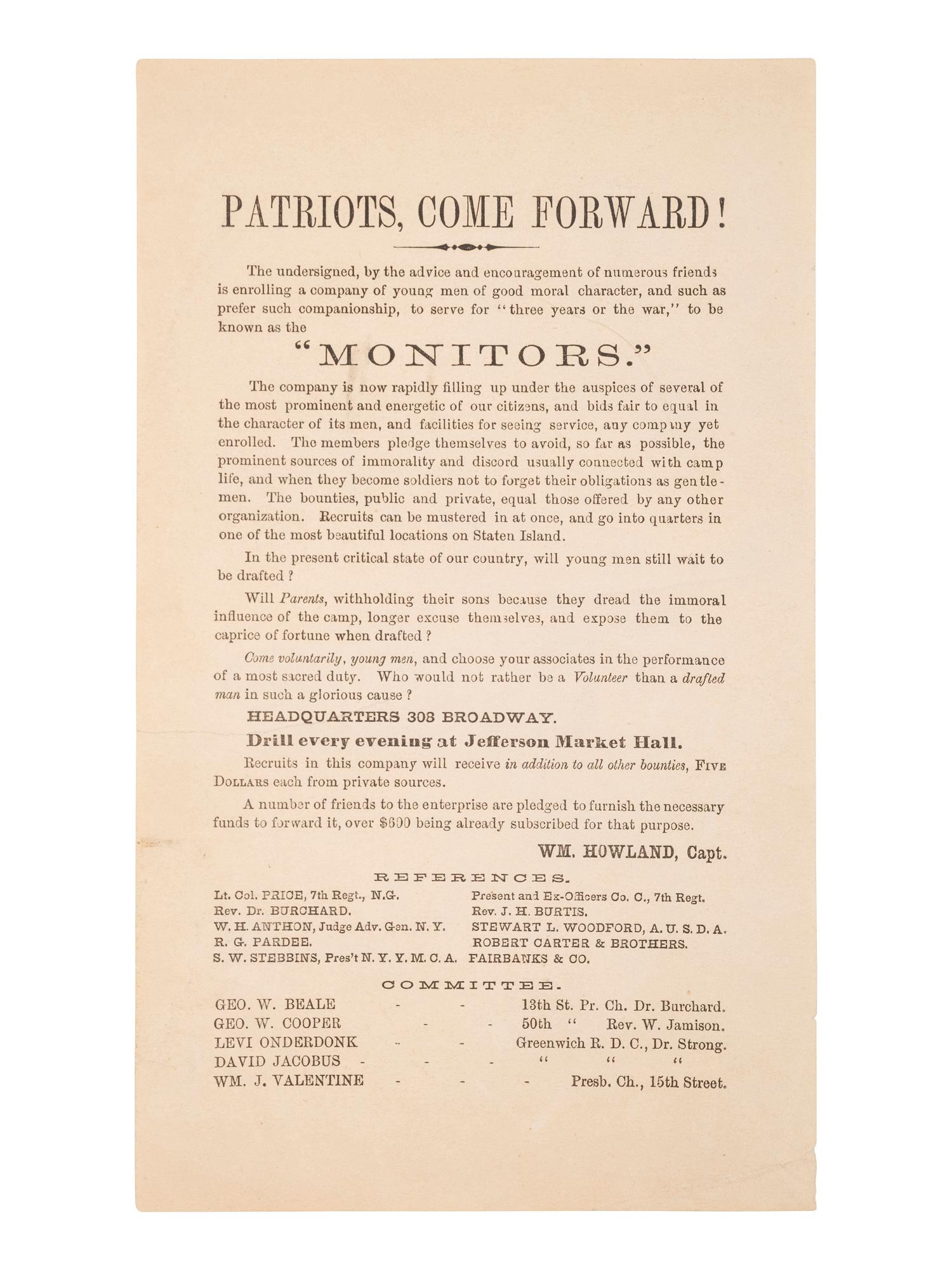 [CIVIL WAR]. Patriots, Come Forward! [New York], ca 1862.