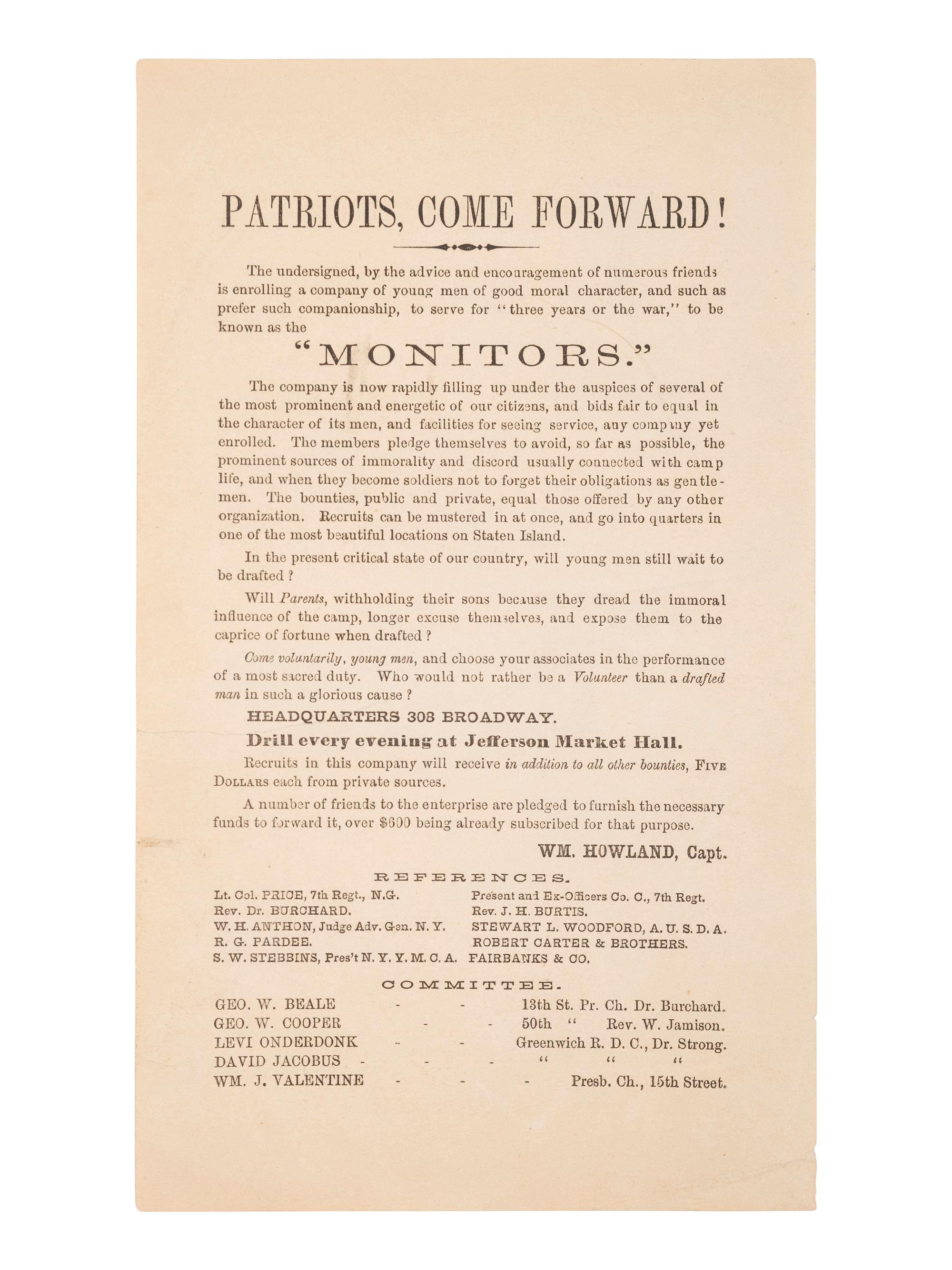 [CIVIL WAR]. Patriots, Come Forward! [New York], ca 1862.