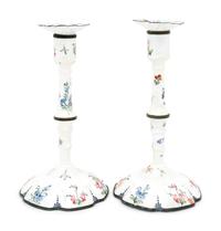 A Pair of Battersea Enamel Candlesticks