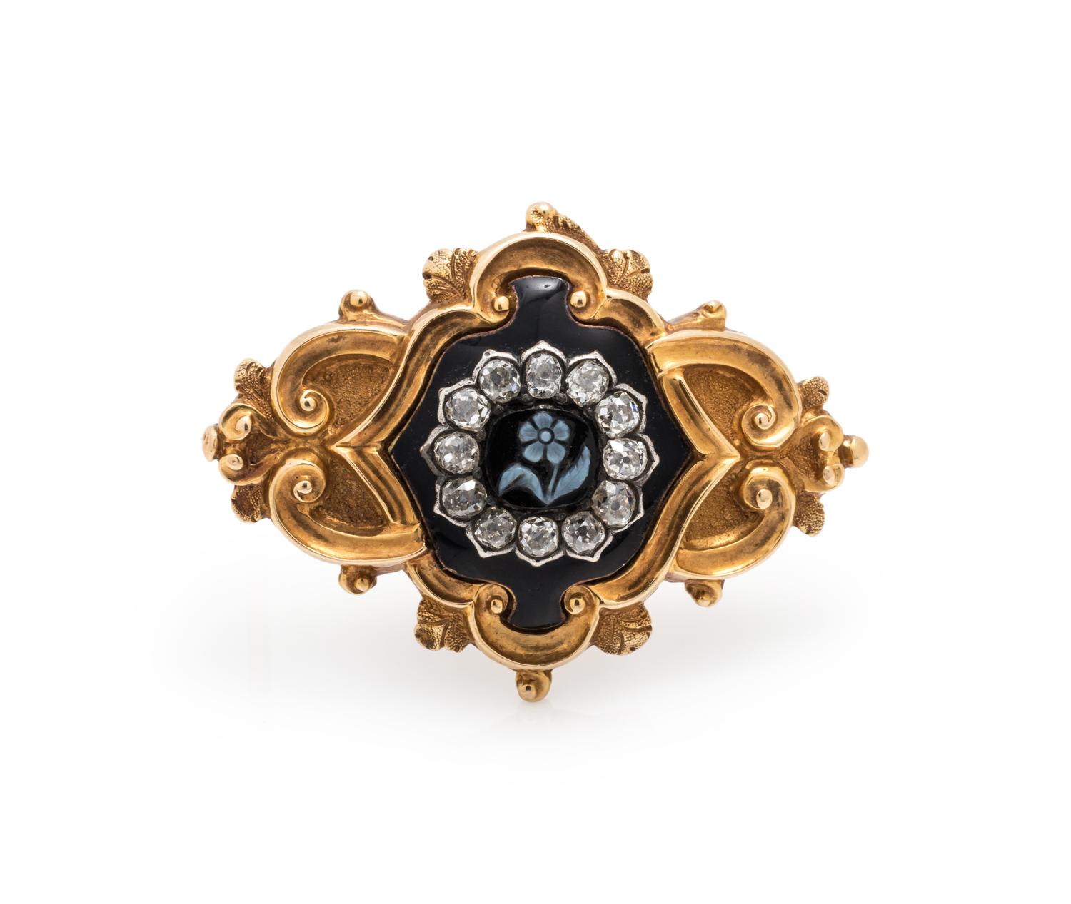 VICTORIAN, YELLOW GOLD, HARDSTONE AND DIAMOND MOURNING BROOCH