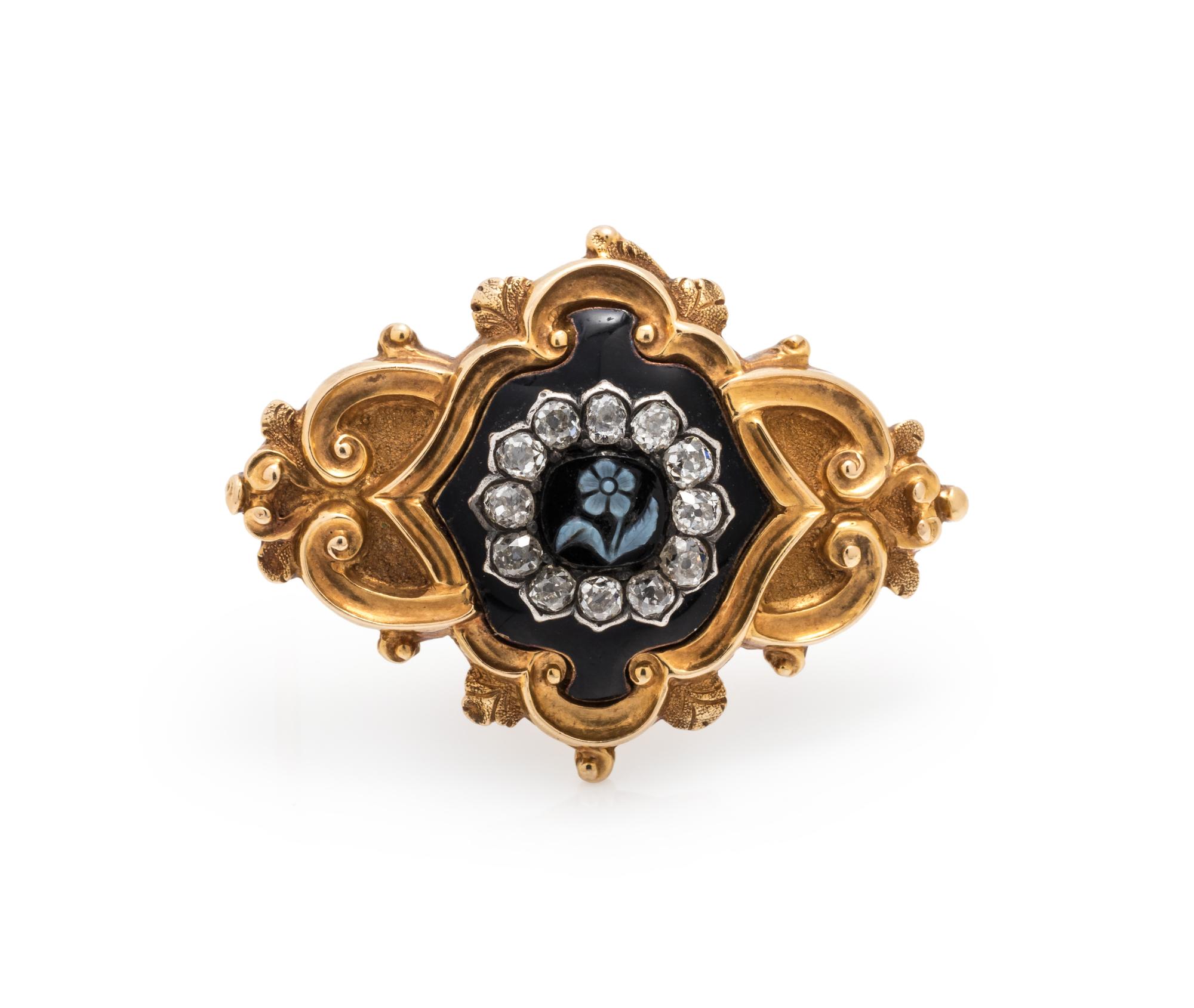 VICTORIAN, YELLOW GOLD, HARDSTONE AND DIAMOND MOURNING BROOCH
