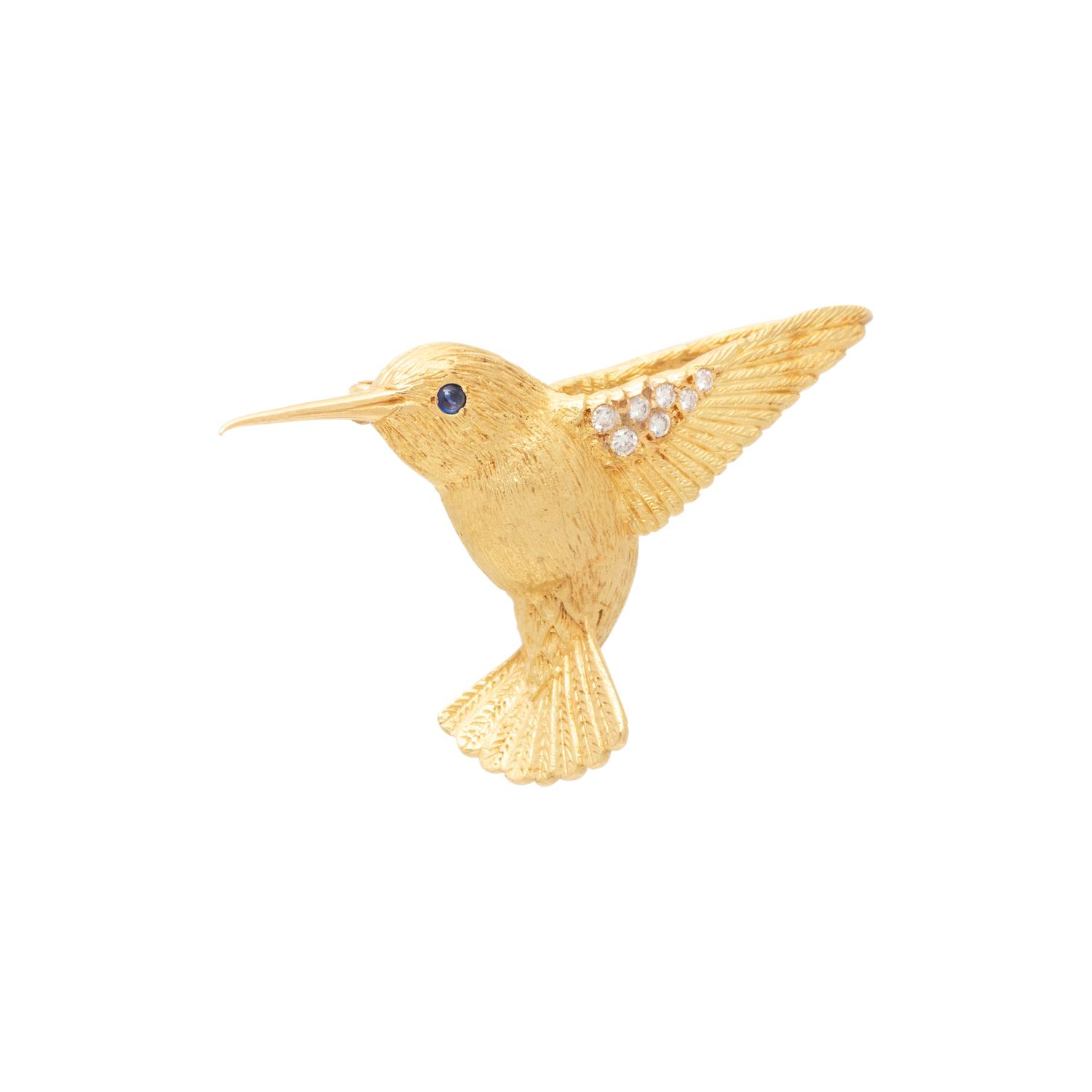 E. WOLFE & CO., YELLOW GOLD, AND DIAMOND HUMMINGBIRD BROOCH