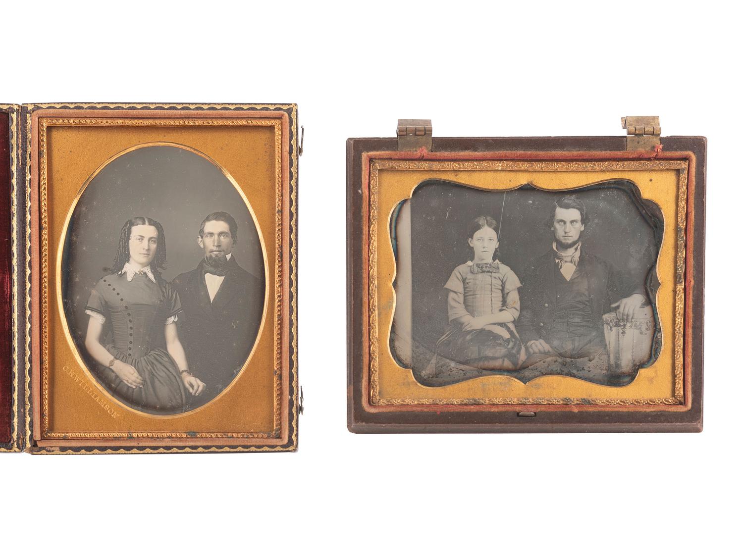 [EARLY PHOTOGRAPHY]. 11 daguerreotype and ambrotype portraits of pairs and trios of sitters.