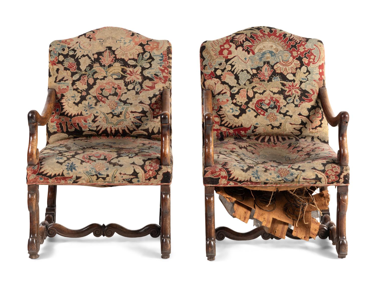 A Pair of Louis XIII Walnut Fauteuils with Gros Point Upholstery