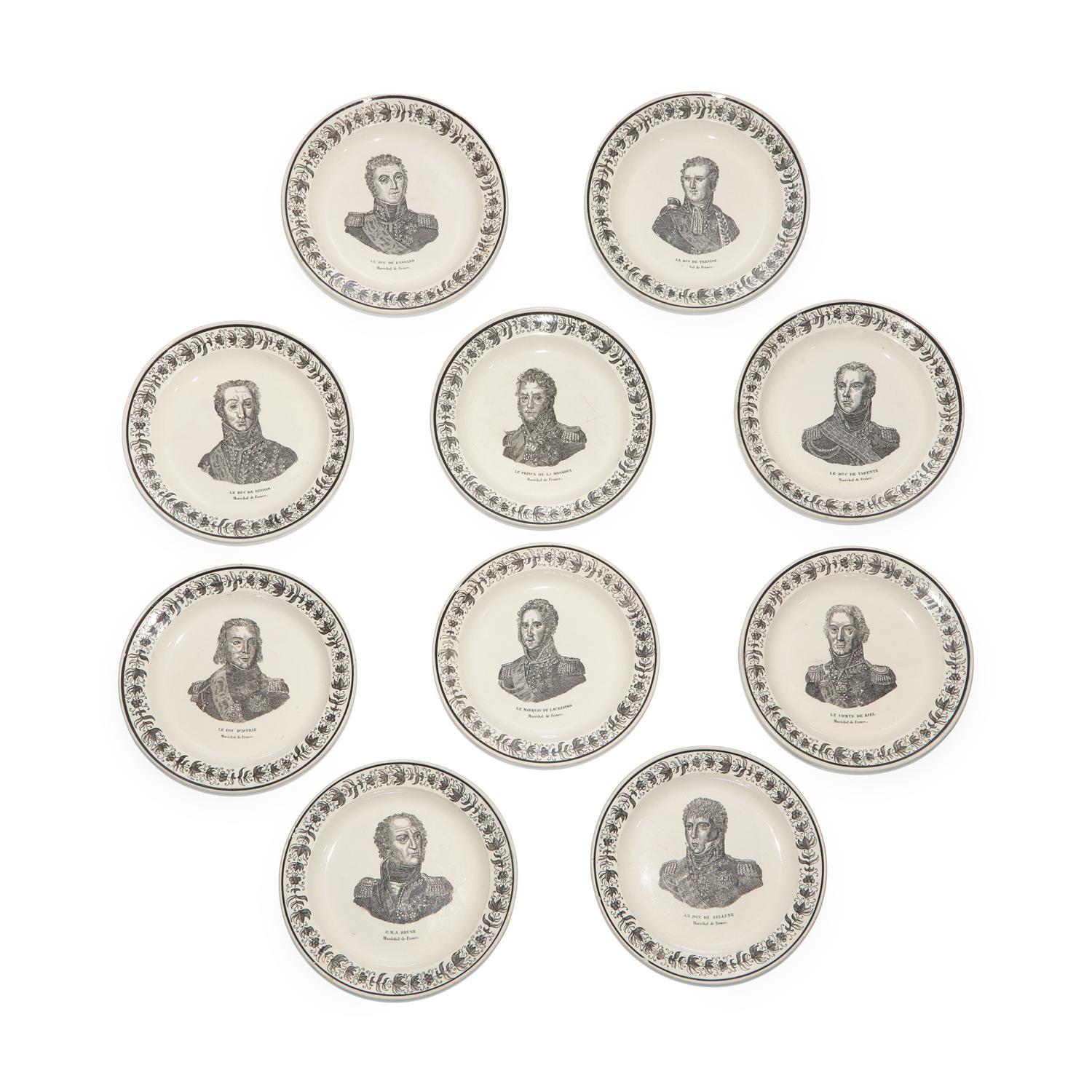 A Set of Ten French Faience Transfer-Decorated Plates Depicting Various Marshalls of France