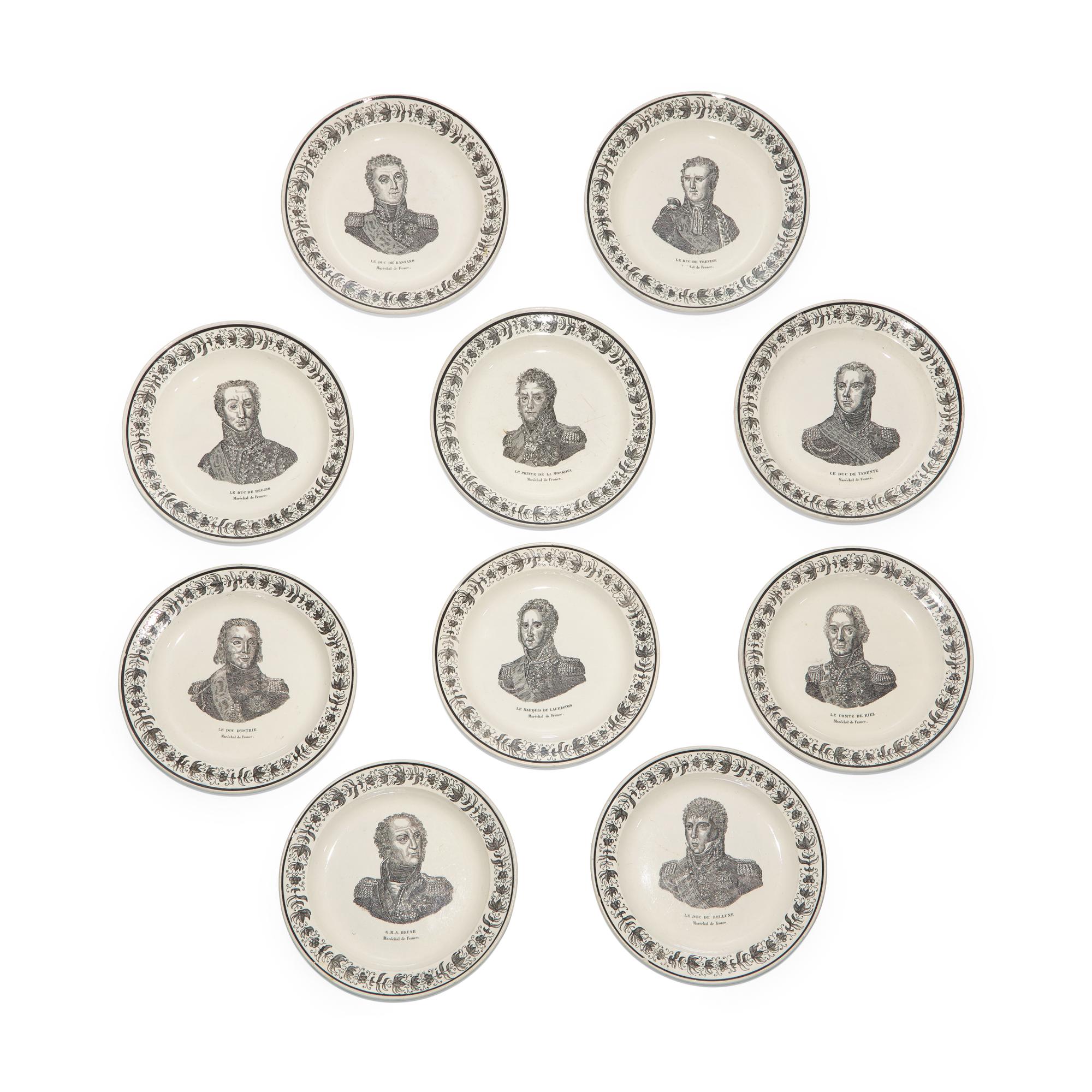 A Set of Ten French Faience Transfer-Decorated Plates Depicting Various Marshalls of France