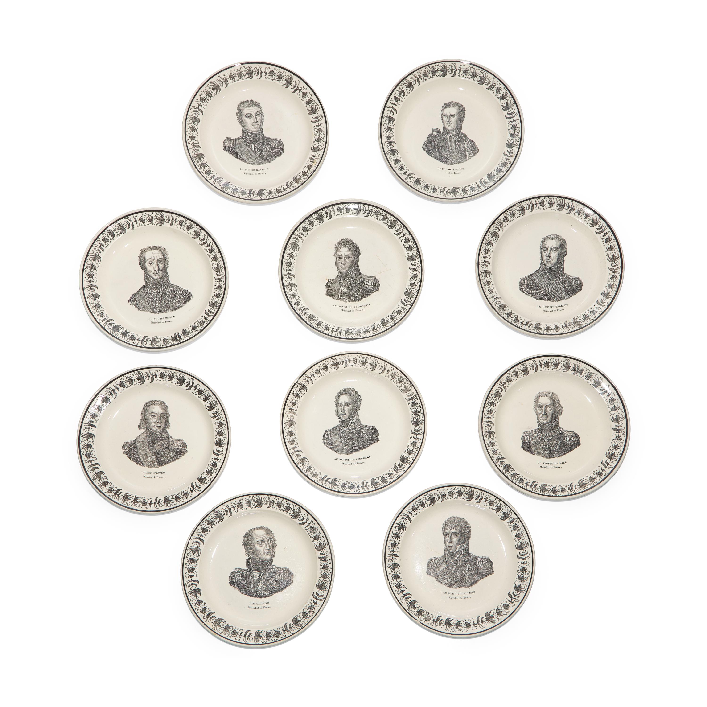 A Set of Ten French Faience Transfer-Decorated Plates Depicting Various Marshalls of France
