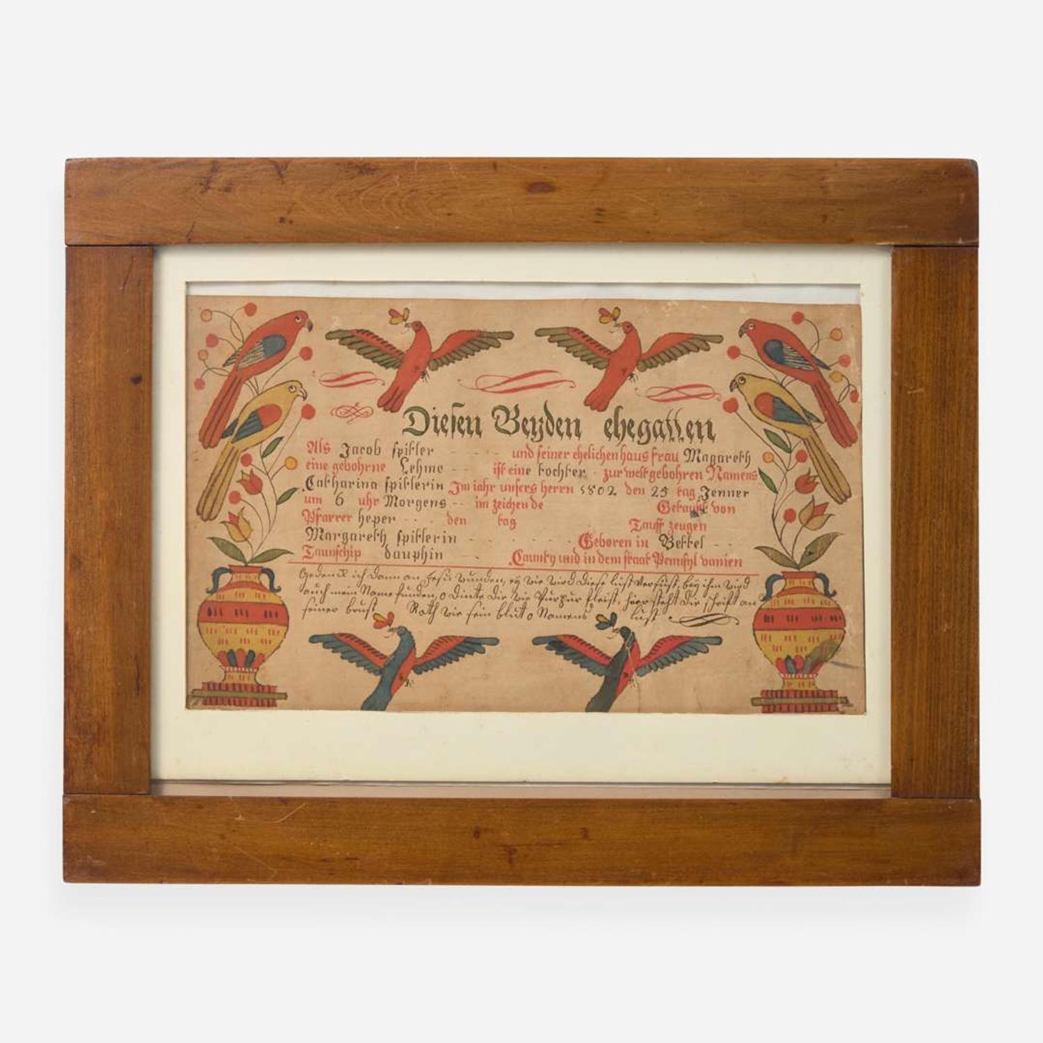 Johann Valentin Schuller (1759-1833) A Fraktur birth and baptism record for Catharin Spitler, Dauphin County, PA
