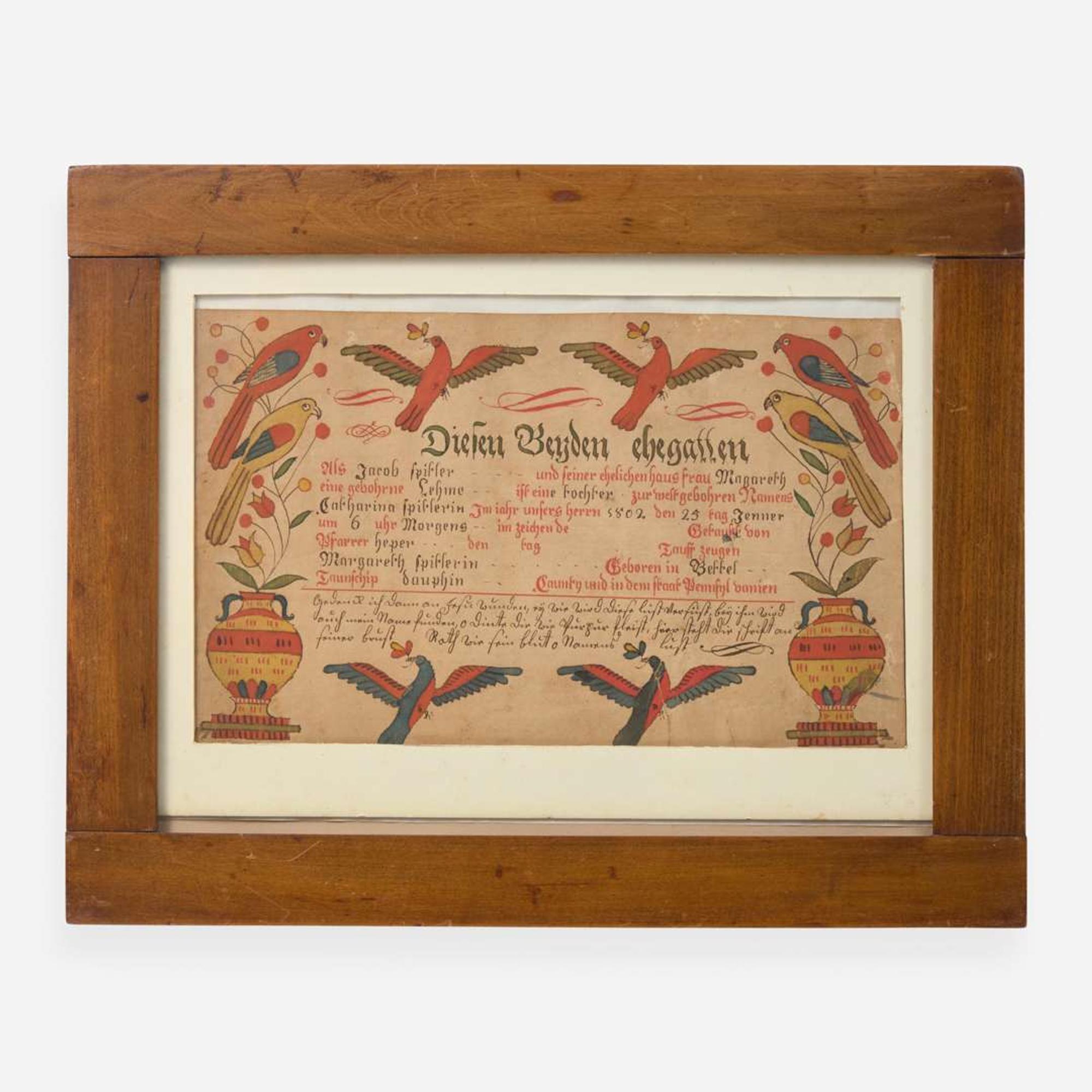 Johann Valentin Schuller (1759-1833) A Fraktur birth and baptism record for Catharin Spitler, Dauphin County, PA
