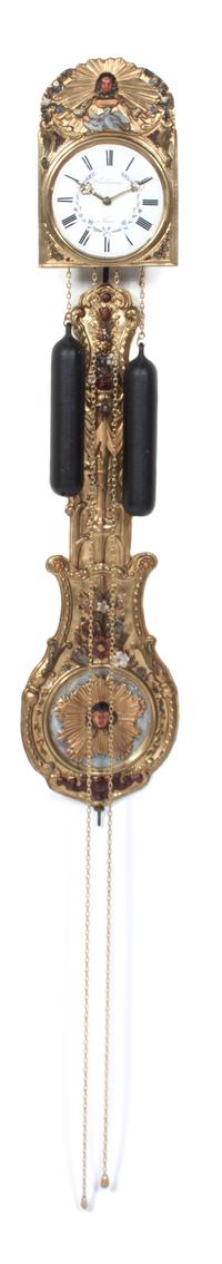 A French Brass Wag-on-the-Wall Clock Height overall 39 inches.