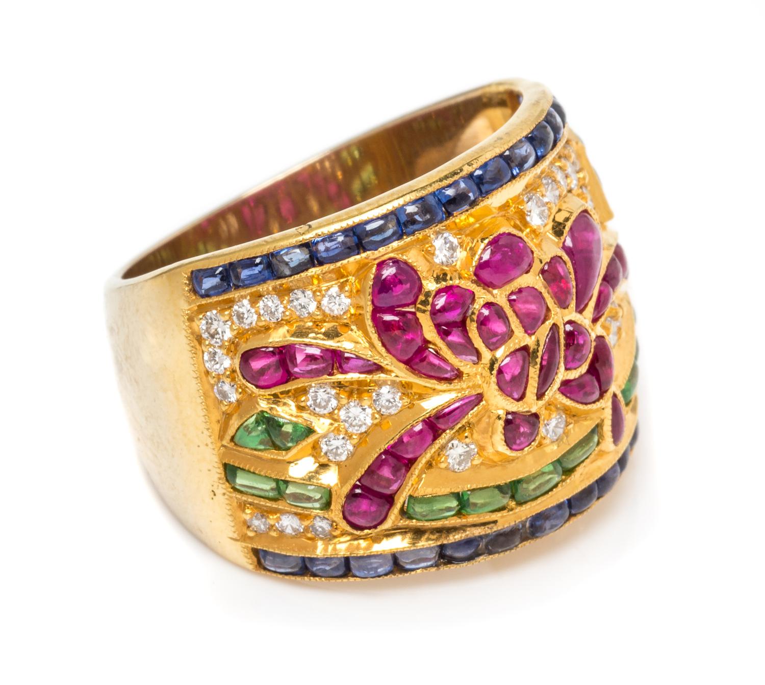 A Yellow Gold, Diamond and Multigem Band, 10.40 dwts.