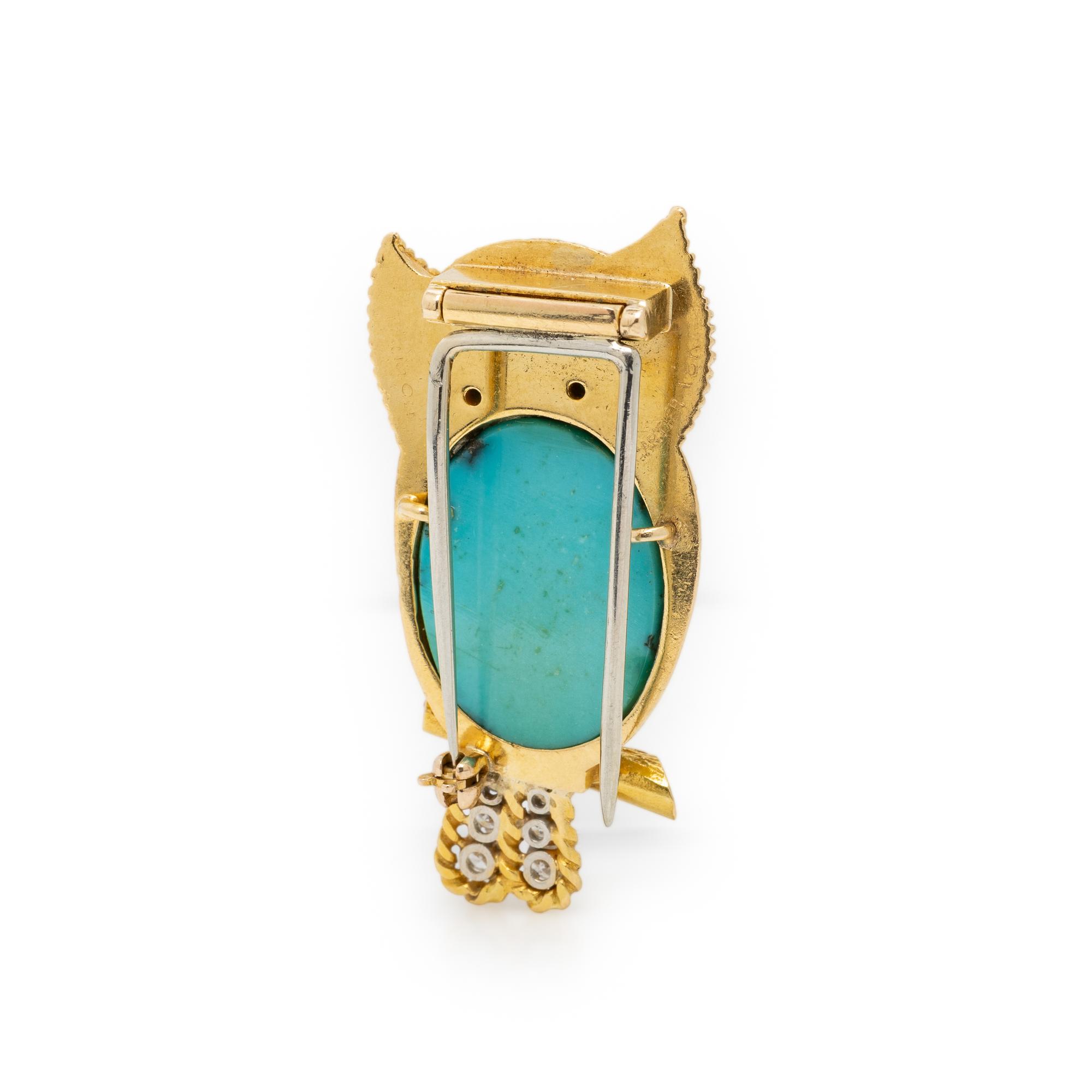 CARTIER, YELLOW GOLD, TURQUOISE, AND MULTIGEM OWL BROOCH
