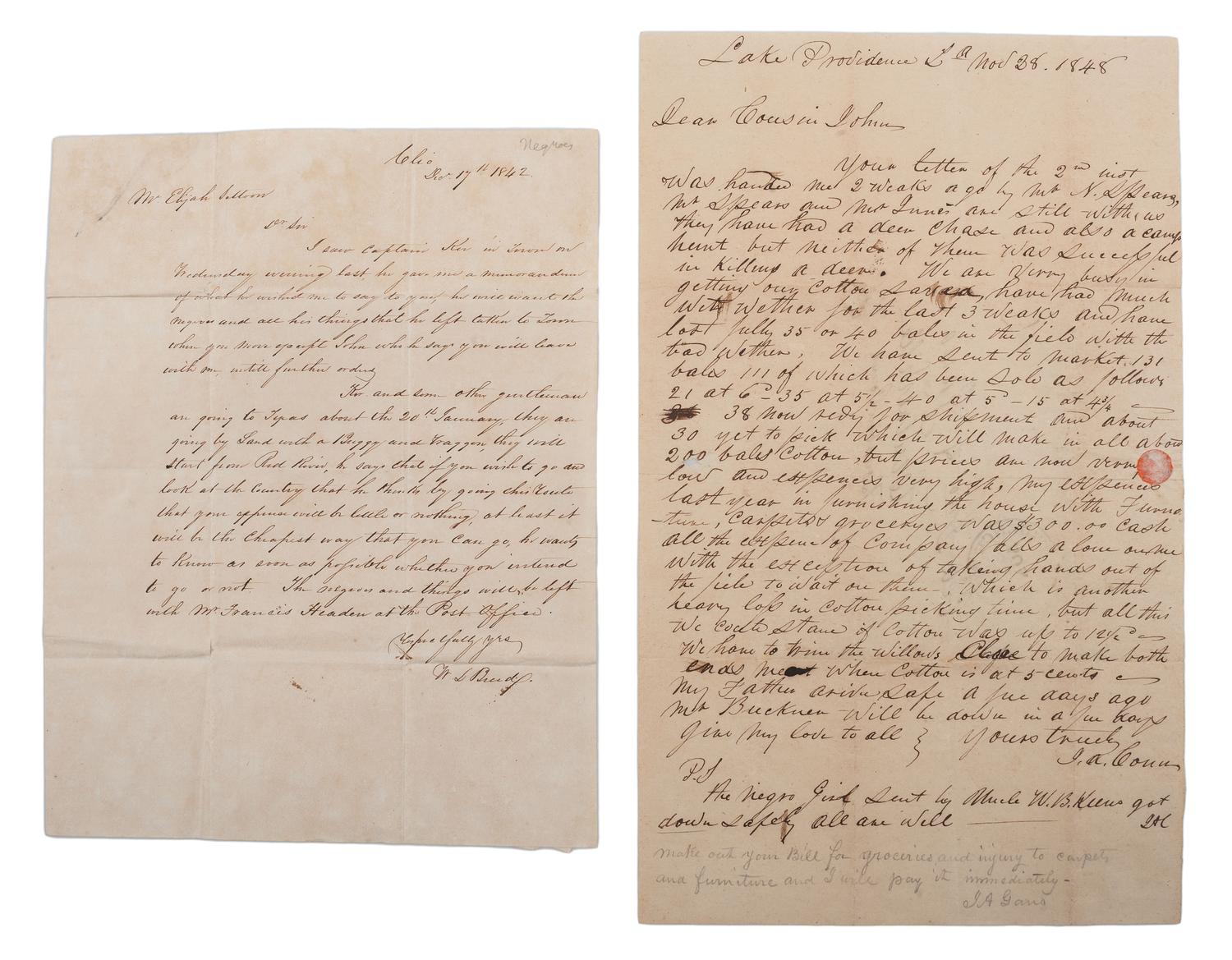 [SLAVERY & ABOLITION]. A group of 2 letters referencing enslaved people, comprising: