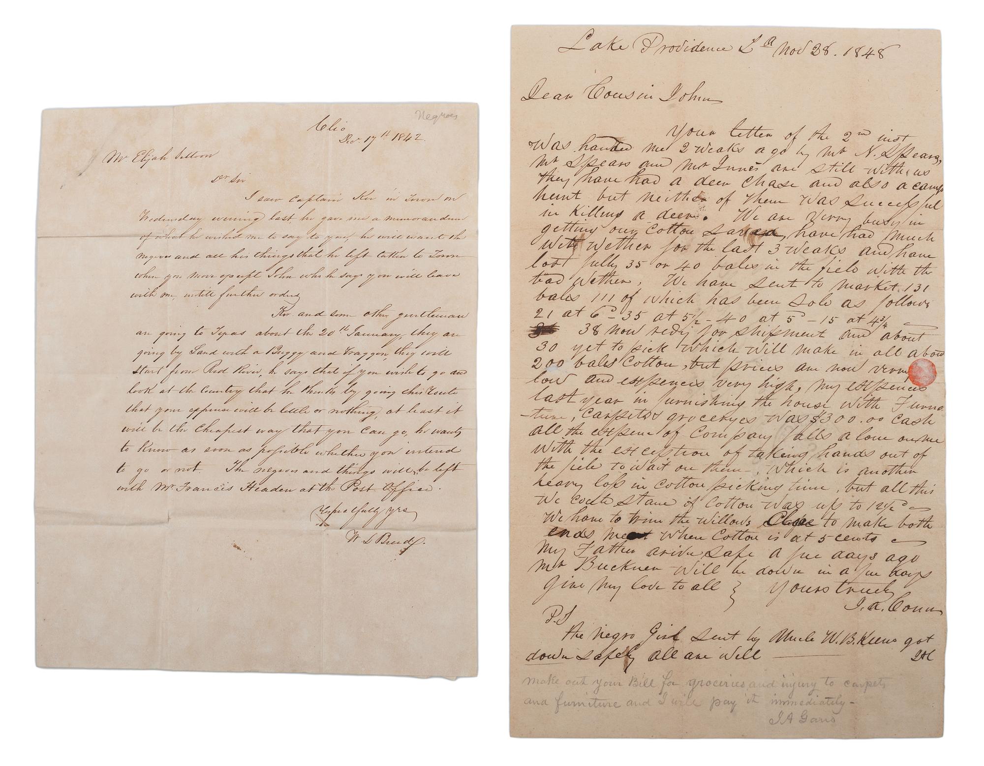 [SLAVERY & ABOLITION]. A group of 2 letters referencing enslaved people, comprising:
