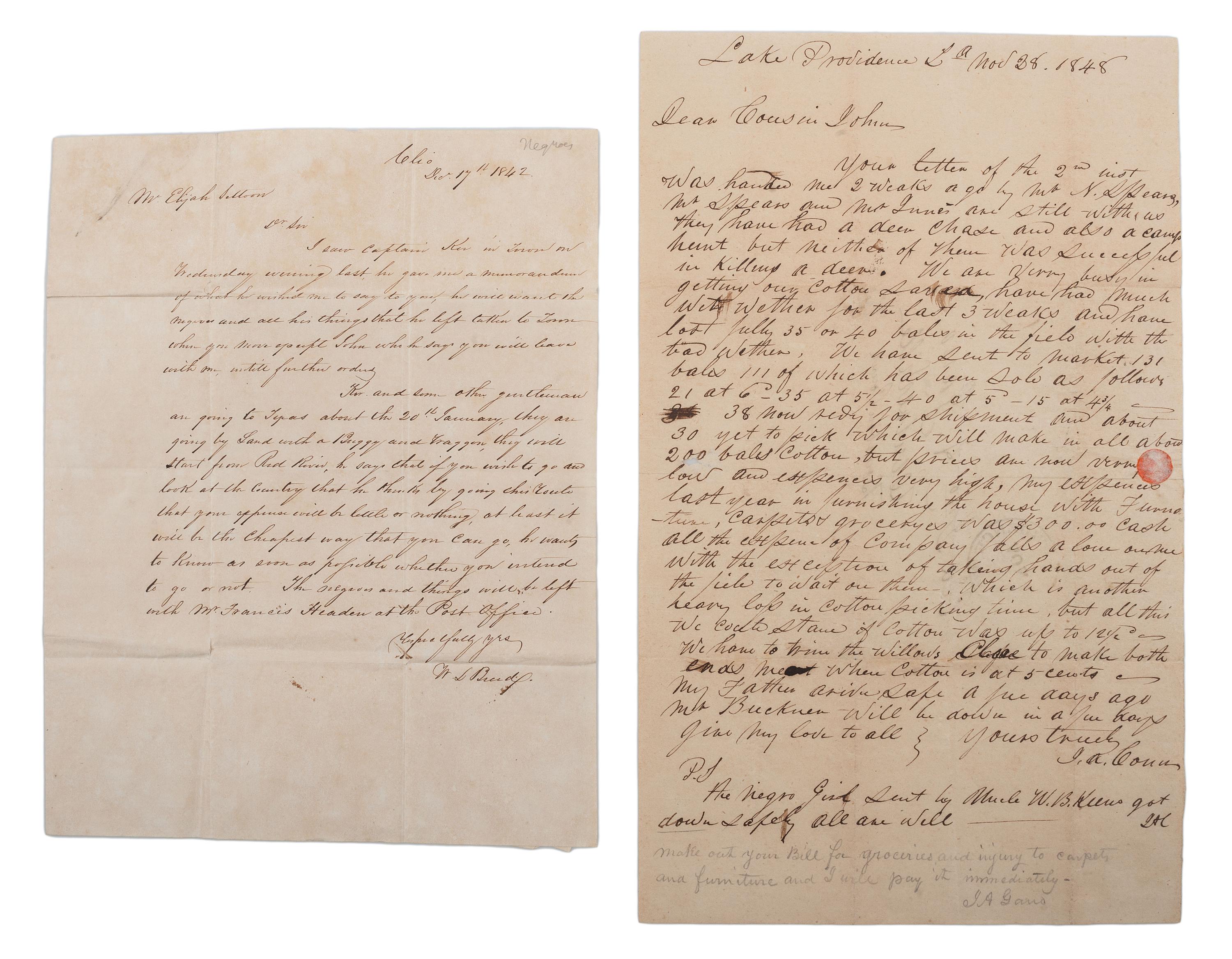 [SLAVERY & ABOLITION]. A group of 2 letters referencing enslaved people, comprising: