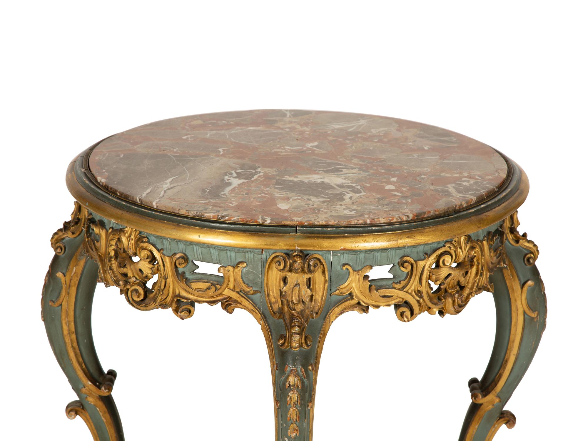 An Italian Rococo Style Painted and Parcel Gilt Marble-Top Table