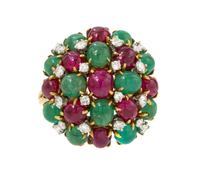 An 18 Karat Yellow Gold Ruby, Emerald and Diamond Ring, 7.90 dwts.