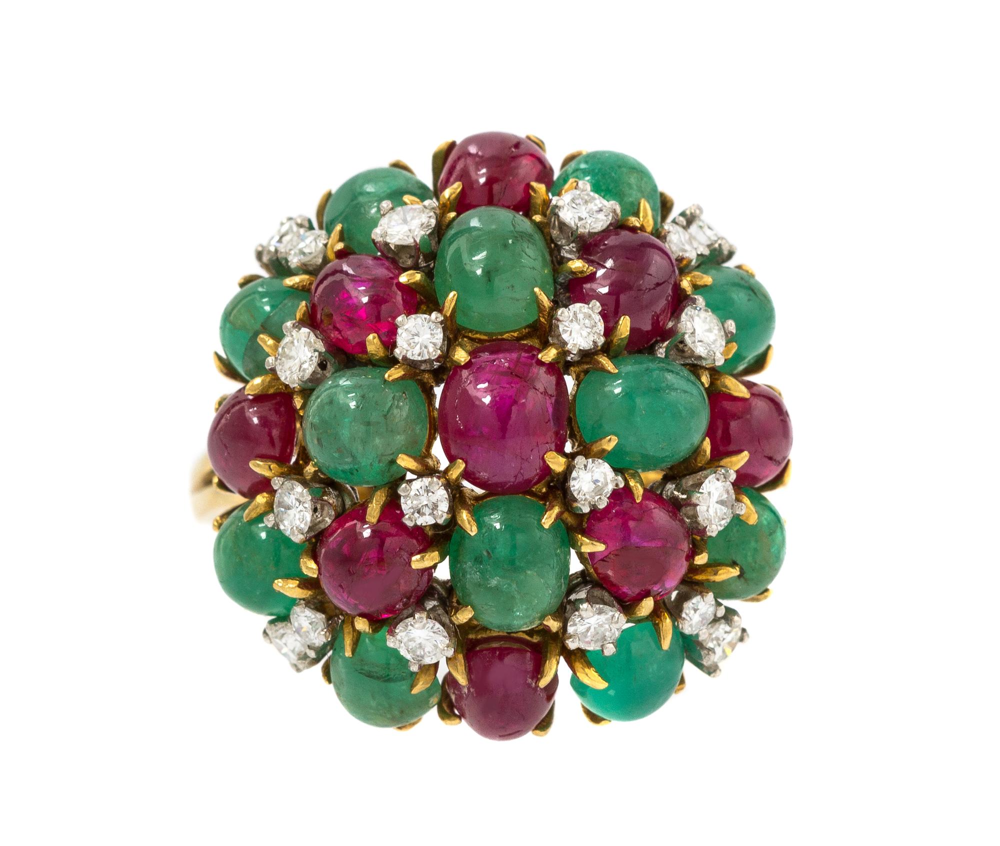 An 18 Karat Yellow Gold Ruby, Emerald and Diamond Ring, 7.90 dwts.