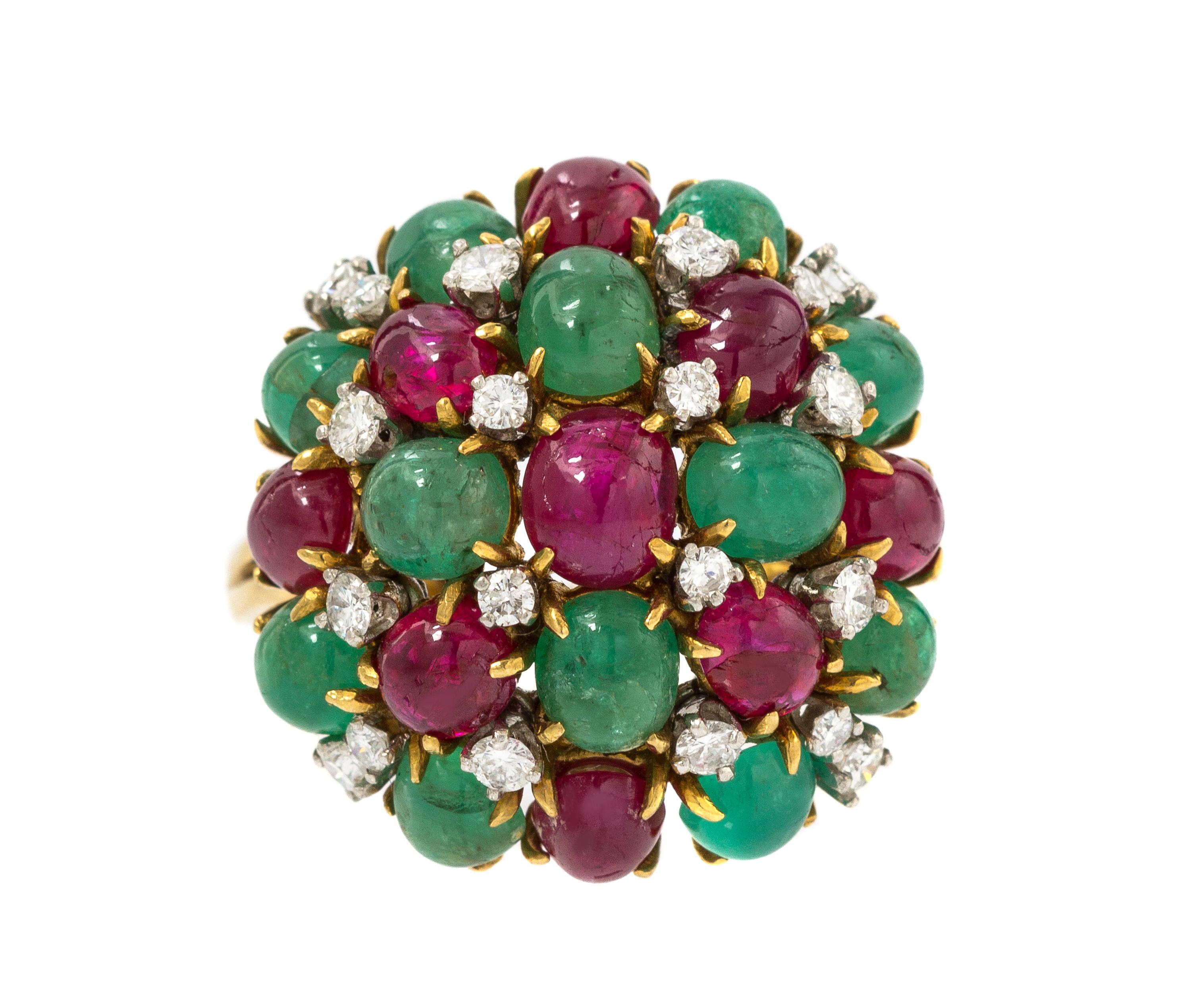 An 18 Karat Yellow Gold Ruby, Emerald and Diamond Ring, 7.90 dwts.