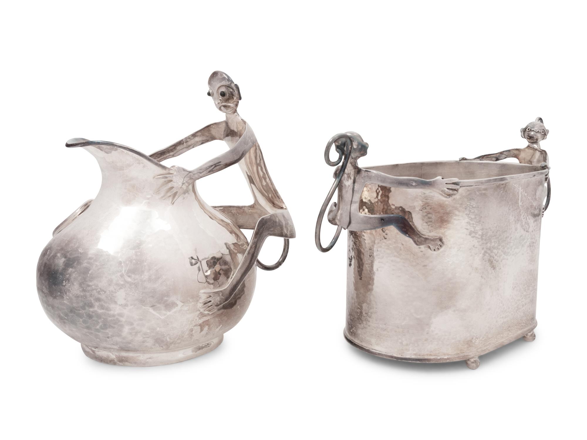 An Emilia Castillo Silver-Plate and Hardstone Inset Water Pitcher and Jardinière