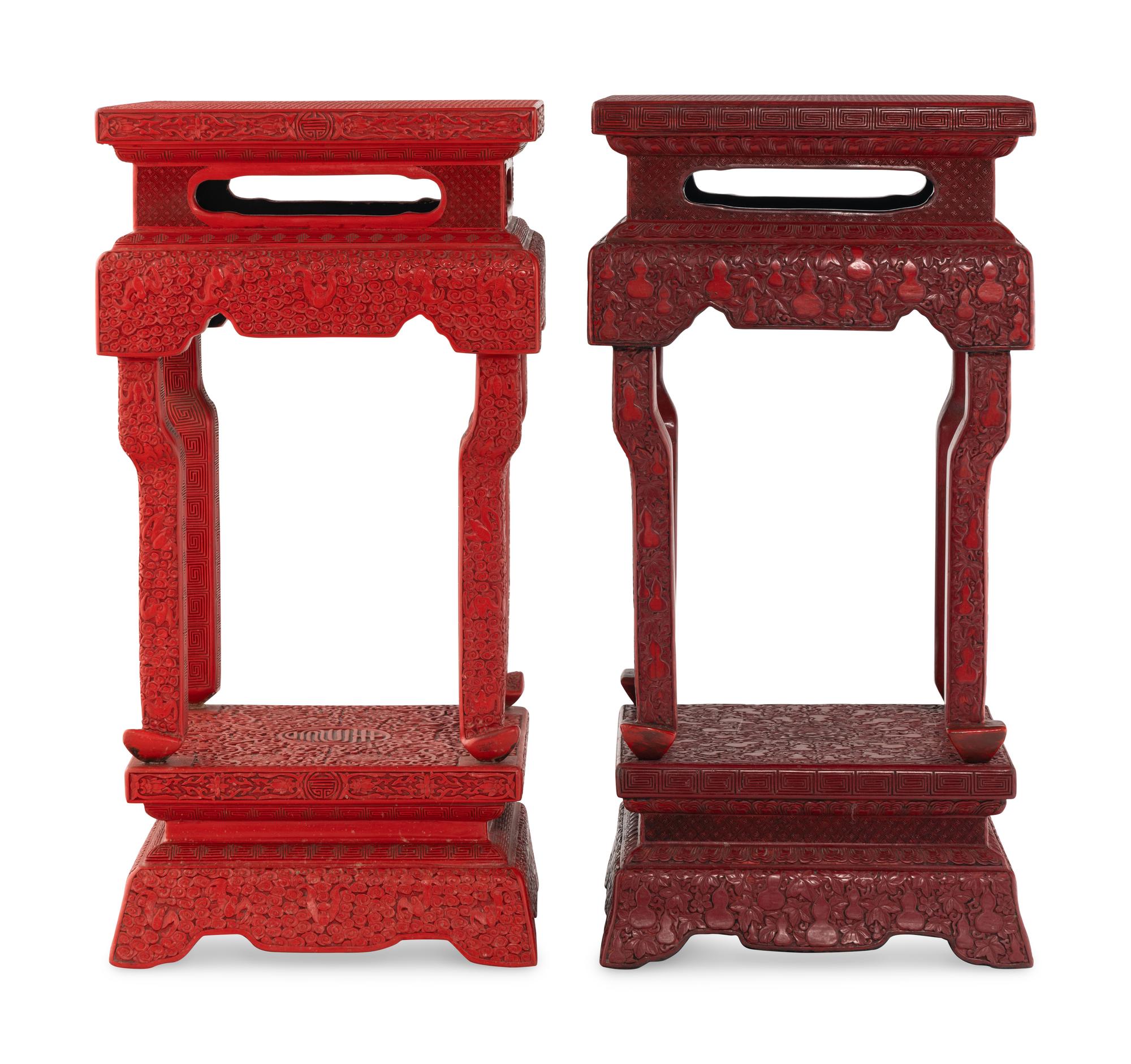 A Pair of Chinese Carved Red Lacquer Side Stands, Fangji