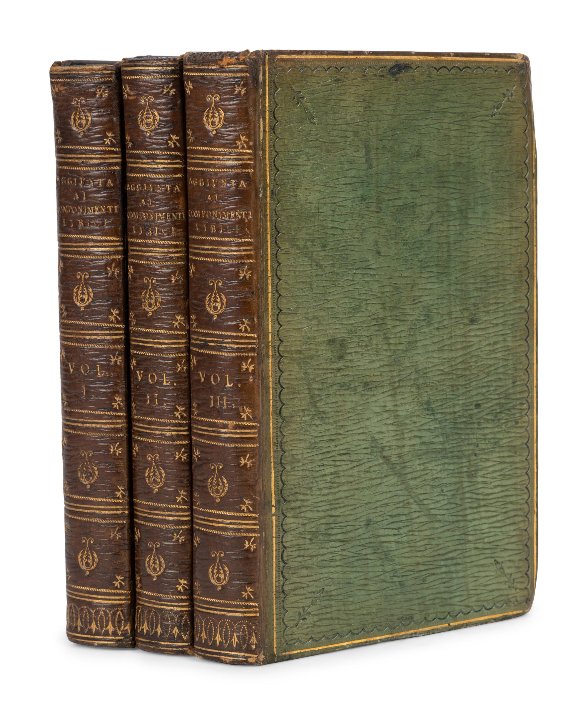 [BINDINGS -- FORE-EDGE PAINTINGS]. MATHIAS, Thomas James (ca 1754-1835). Aggiunta ai Componimenti Lirici de' piu illustri poeti d'Italia . London et al: T. Becket et al, 1808. 3 volumes.